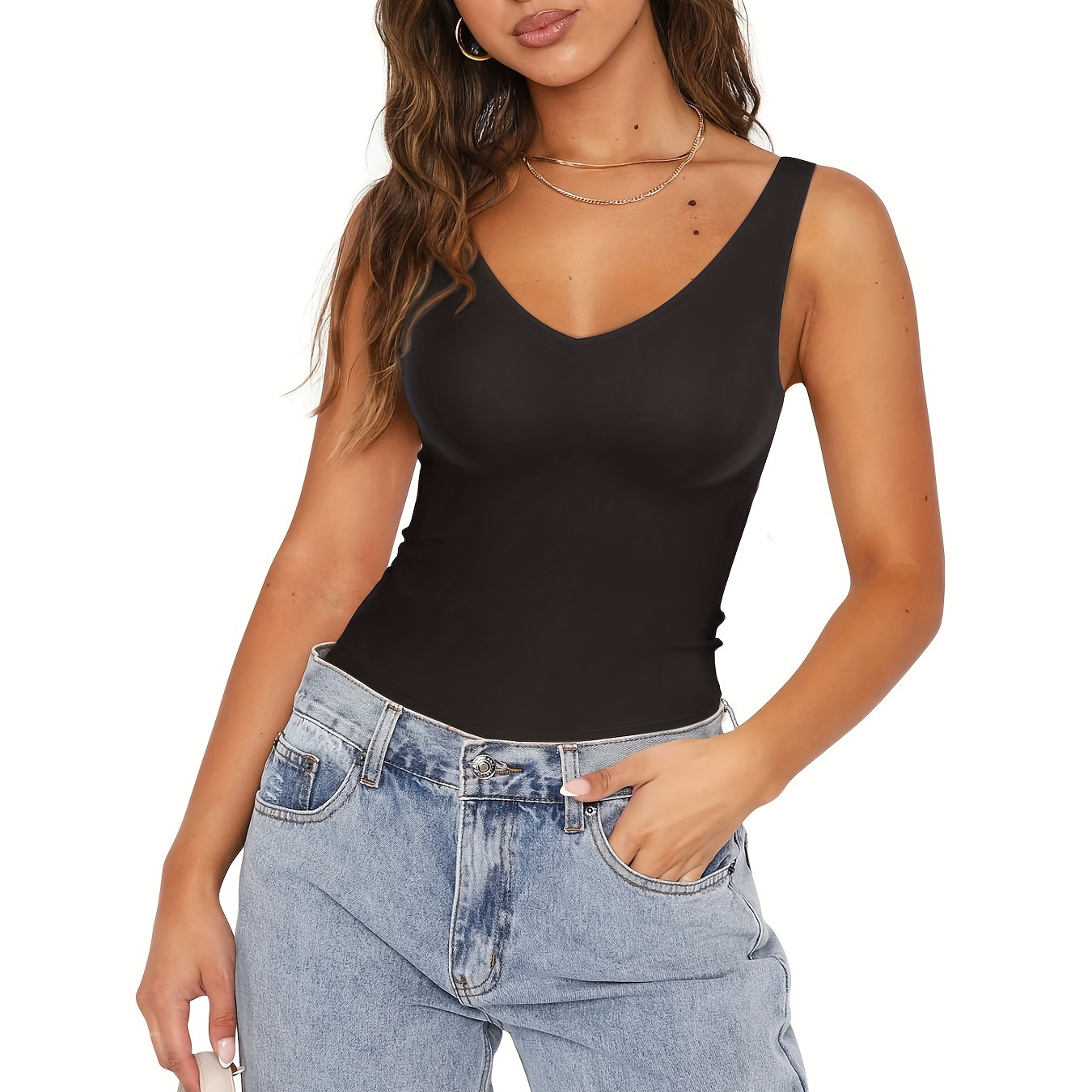 

Womens Basic V Neck Double Lined Tank Tops Fitted Summer Tops Cute Sleeveless Shirts