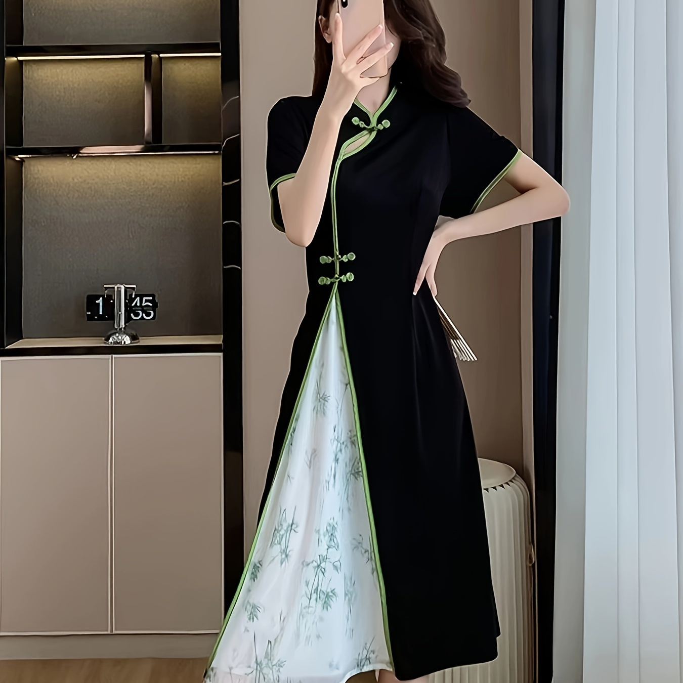 

Plant Print Cheongsam Dress, Elegant Contrast Trim Color Block Collar Short Sleeve Chinese Style Dress, Women's Clothing