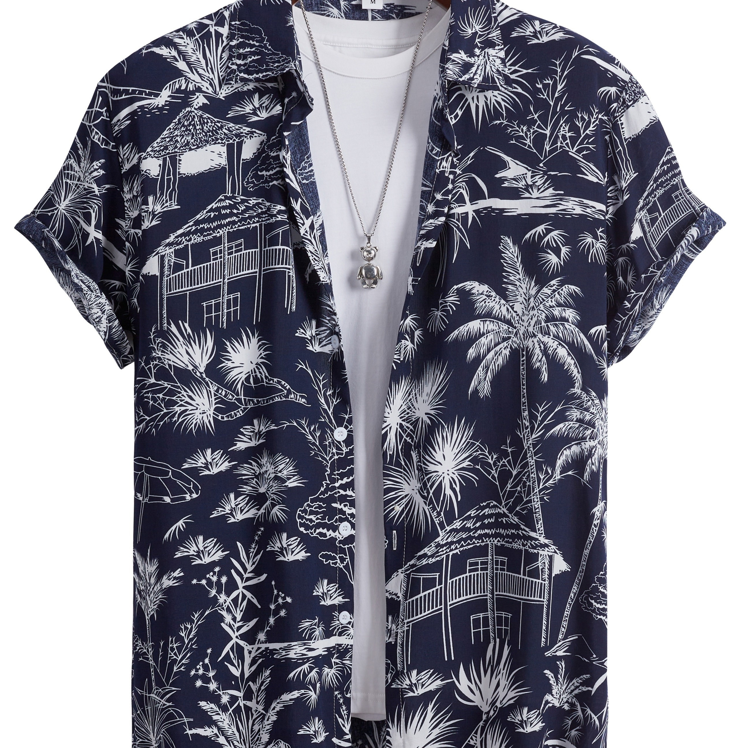 

Creative Tropical Tree And House Anime Print Men's Short Sleeve Lapel Hawaiian Shirt, Summer Beach Vacation Top