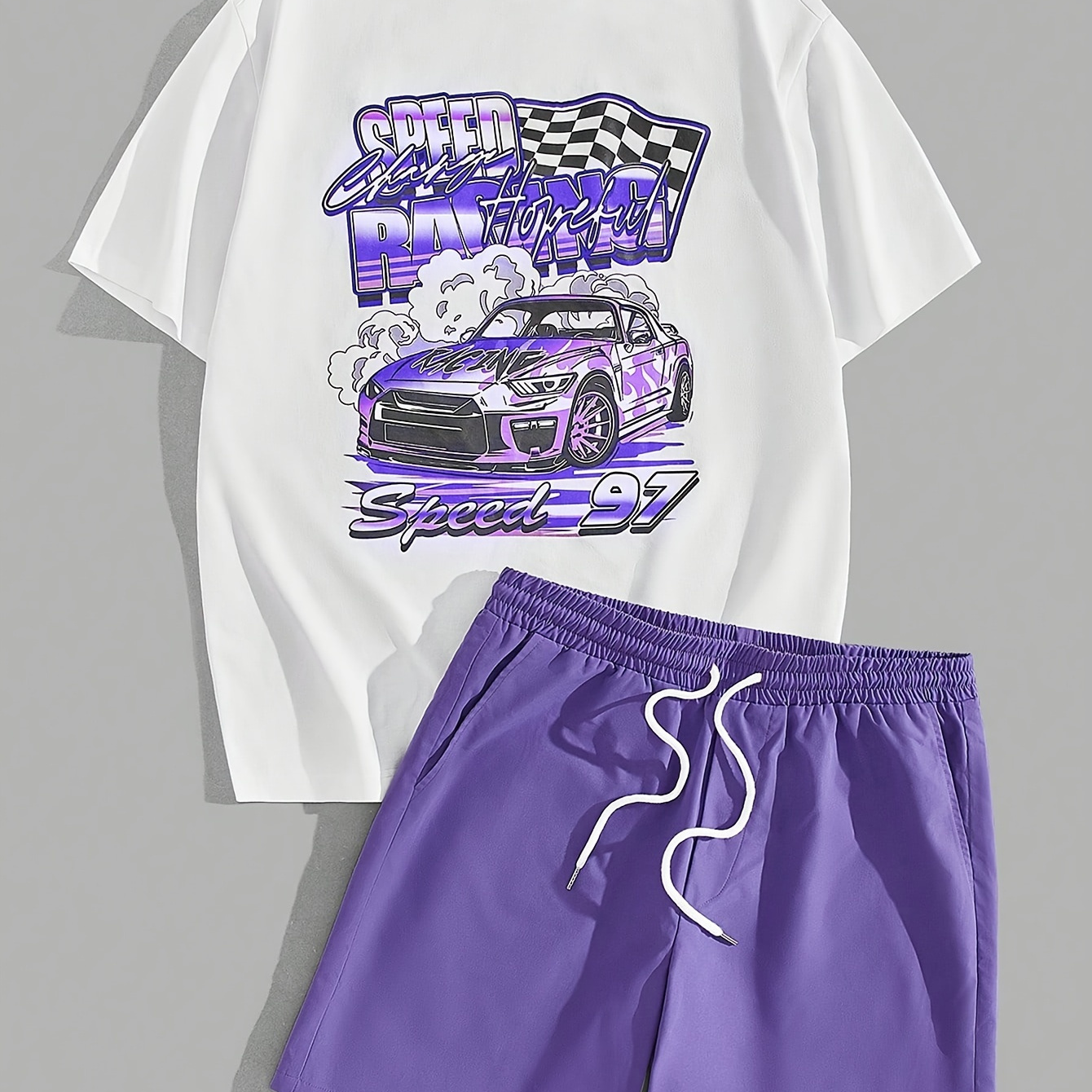 

2-piece Men's Casual Summer Outfit Set, Racing Car Graphic Print Short Sleeve Crew Neck T-shirt & Waist Drawstring Shorts With Pockets