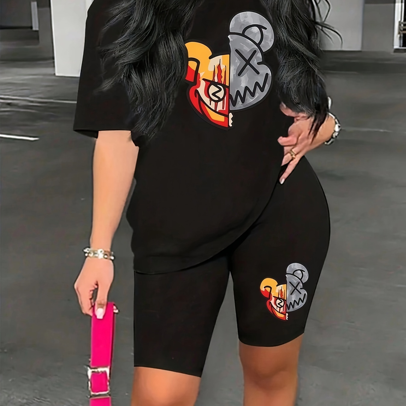 

Cartoon Print Casual Shorts Suit, Crew Neck Short Sleeve Top & Elastic Waist Skinny Shorts Outfits For Spring & Summer, Women's Clothing