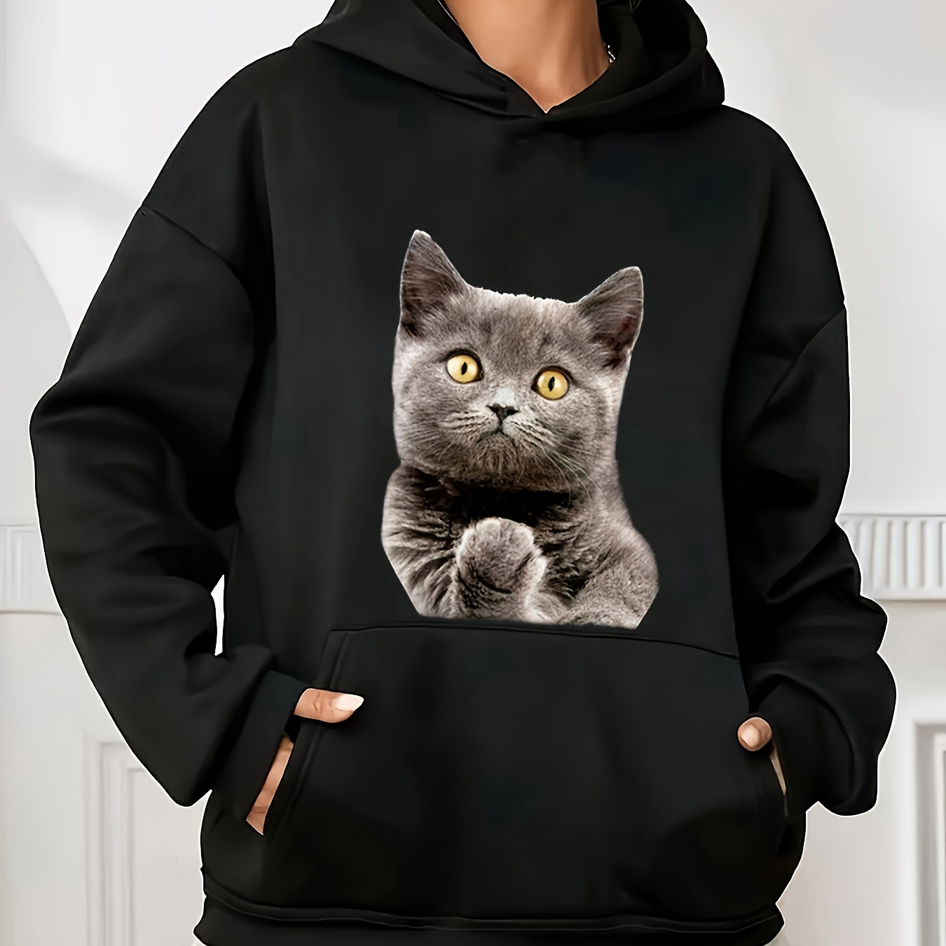 

Cat Print Hoodie, Casual Long Sleeve Kangaroo Pocket Hooded Sweatshirt, Women's Clothing