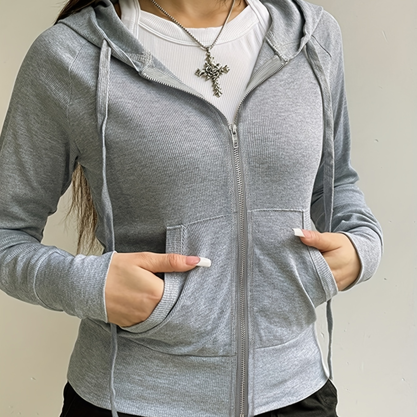 

Women's Casual Solid Color Ribbed Zip-up Hoodie With Drawstring - Long Sleeve, Stretchy Polyester , Machine Washable