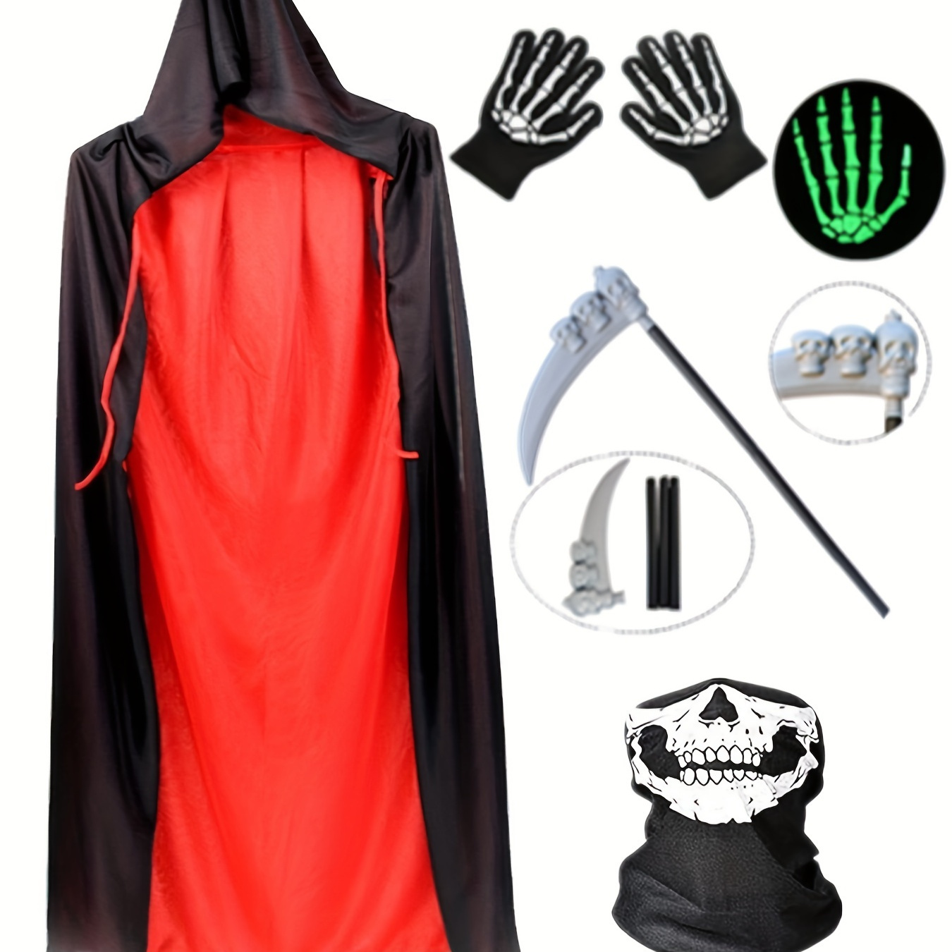 

4-piece Party Costume Set With Velvet Hooded Cloak, Skull Face Bandana, Glow-in-the-dark Skeleton Gloves & Scythe Prop, Polyester Knit Fabric With Lace-up Detail For Cosplay Events