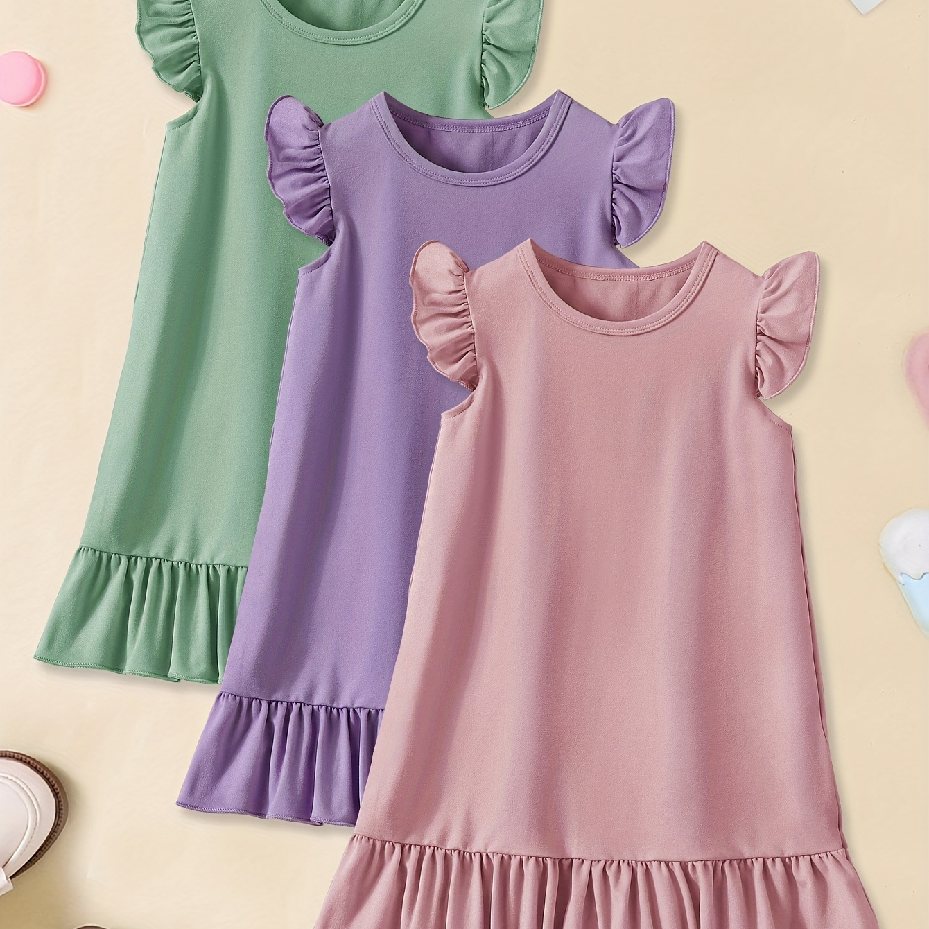 

3pcs Plain Color Casual Dresses For Girls Ruffle Sleeve Everyday Dresses Set Summer Gift