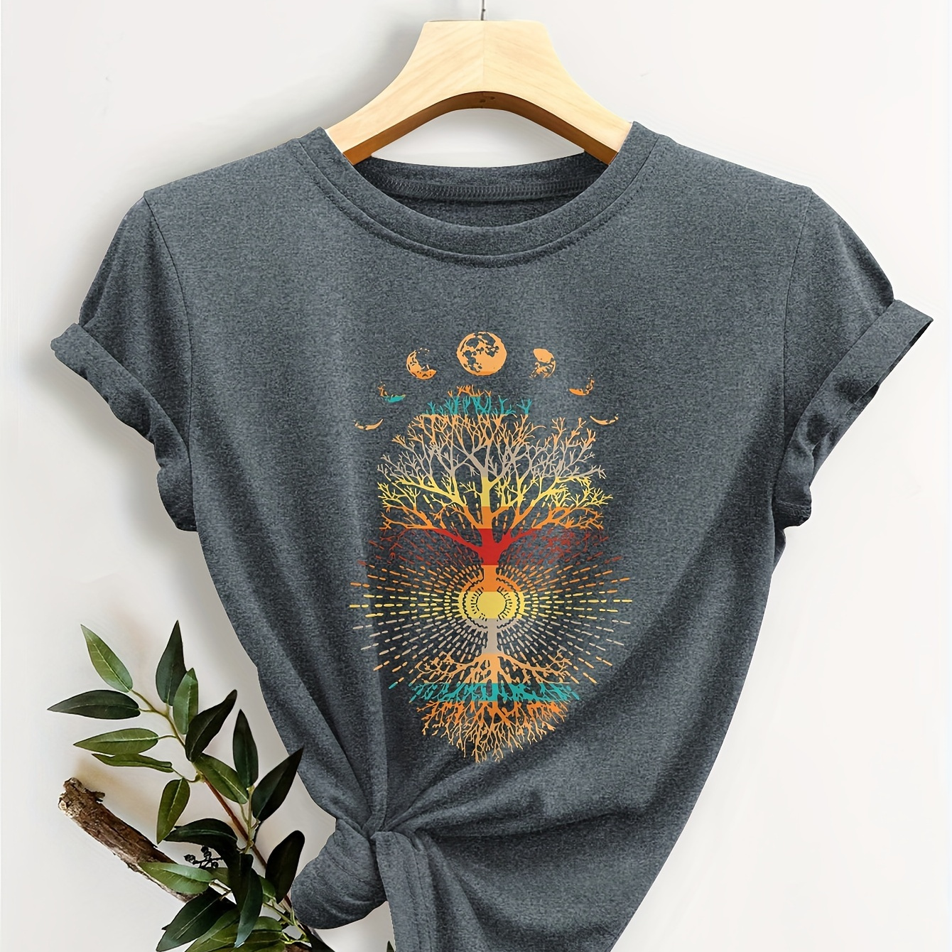 

Women's Vintage Tree And Moon Reflection Print Casual T-shirt, Short Sleeve Round Neck Top, Fashion Retro Style, Sporty Summer Tee