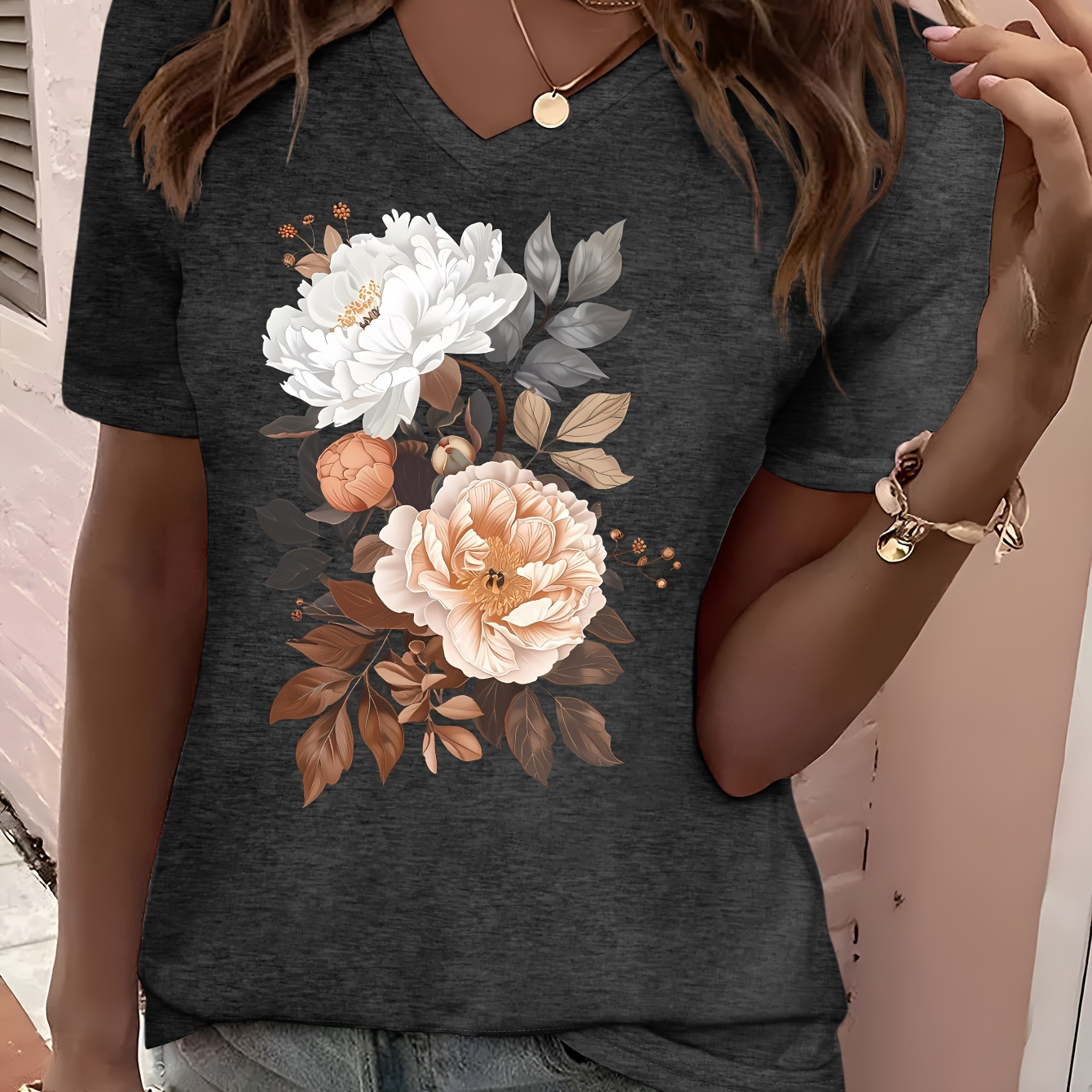 

Women's Casual V-neck Short Sleeve T-shirt With Elegant Floral Print, 65% Viscose 35% Polyester Knit Fabric, Dark Gray Heathered Material, Relaxed Fit, Wear, Machine Washable