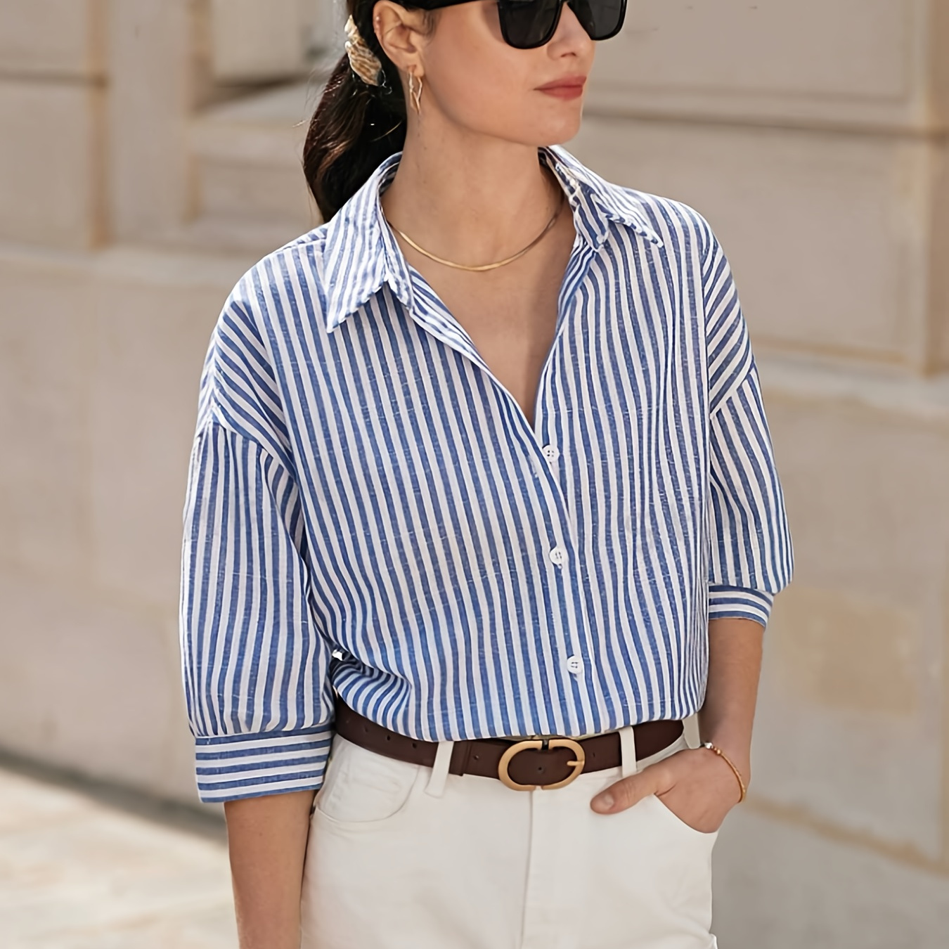 

Chemise À Boutons À Imprimé Rayé, Chemise Décontractée À Demi-manches Pour Le Printemps Et L'été, Vêtements Pour Femmes