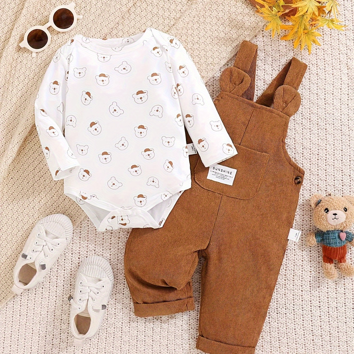 

Baby Boys Cartoon Bear Pattern Long Sleeve Triangle Romper & Corduroy Overalls Set, 2pcs Stylish Toddlers Outfit