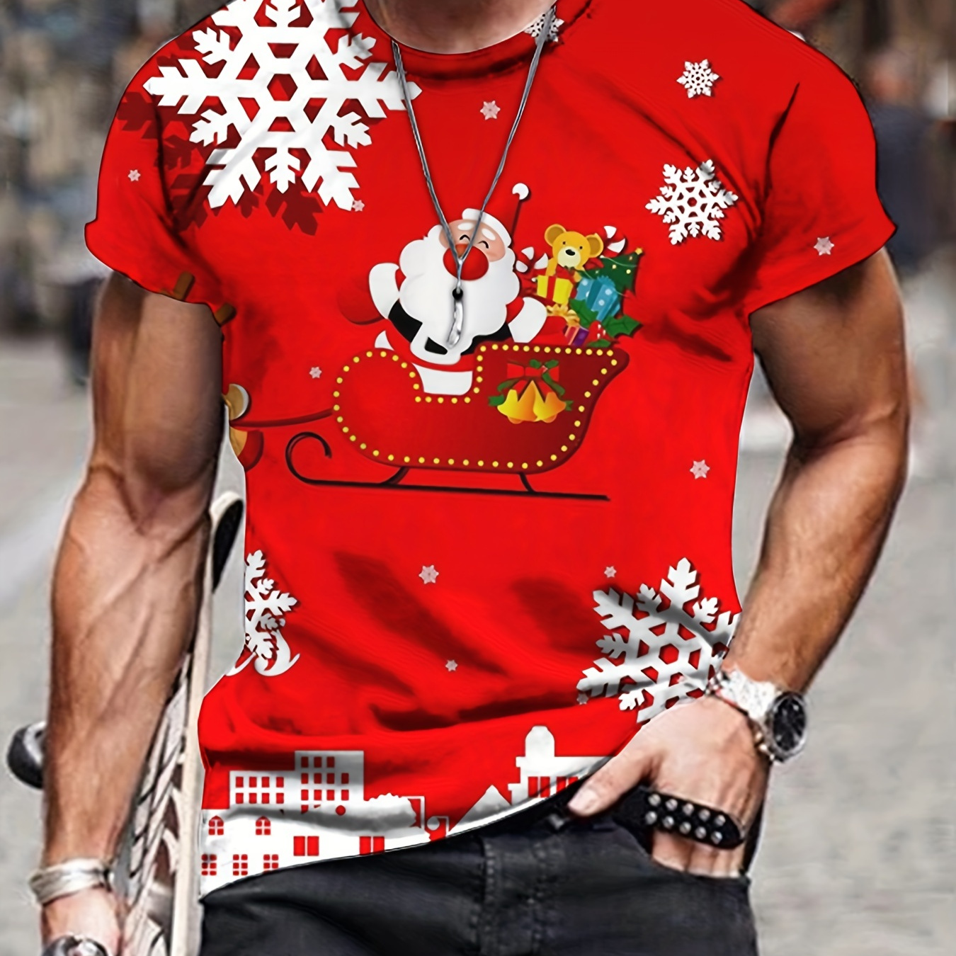 

Christmas Santa Claus Snowflake Print, Men's Graphic T-shirt, Casual Comfy Tees For Summer, Mens Clothing