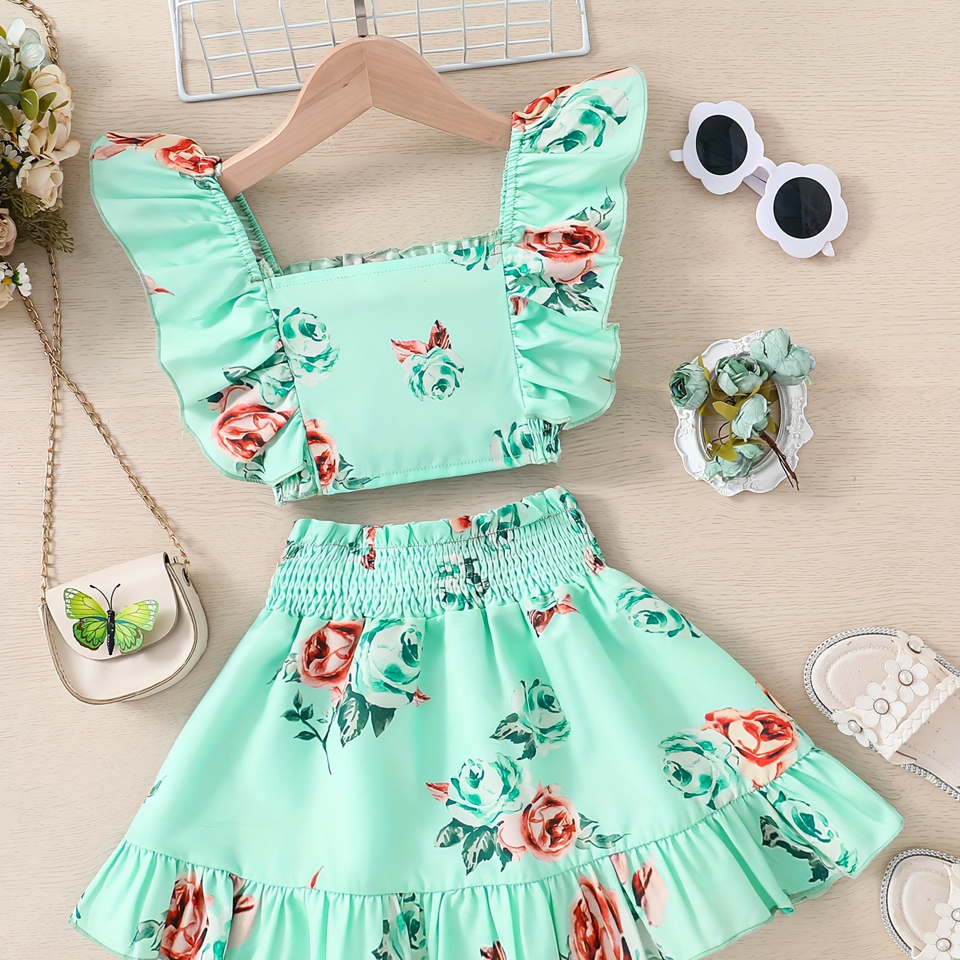 

Rose Print 2pcs Girl's Outfit, Square Neck Flounce Sleeve Crop Top + A-line Skirt Set, Casual Cute Girls Summer Clothes