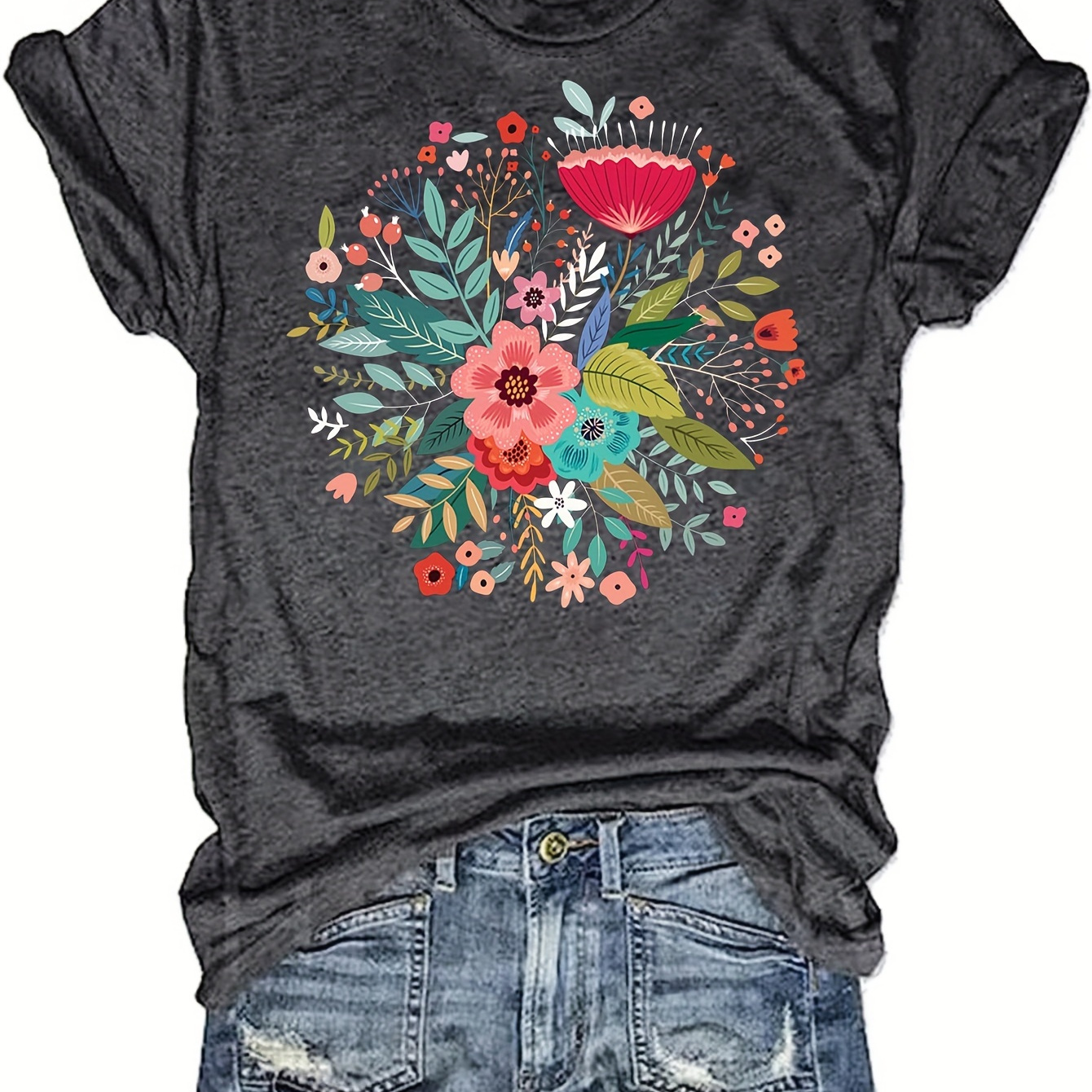 

Floral Print T-shirt, Casual Short Sleeve Crew Neck Top For Spring & Summer, Women's Clothing