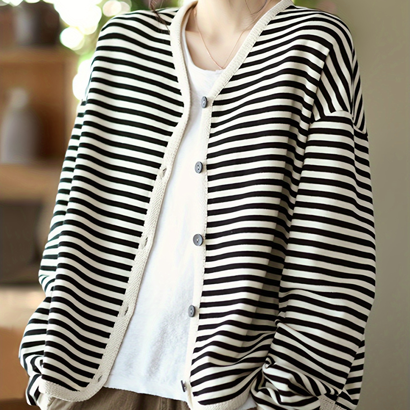 

Striped Button Front Cardigan, Vintage & Neck Long Sleeve Cardigan For Fall & Winter, Women's Clothing