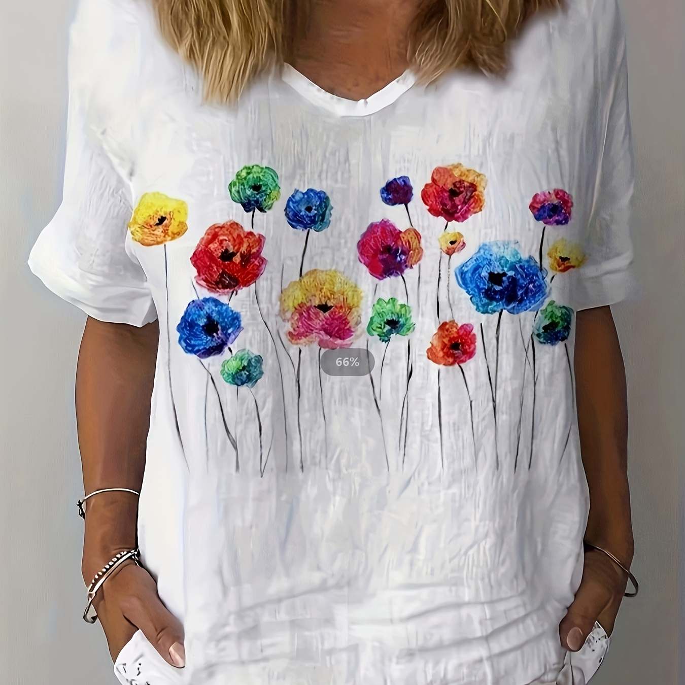 

Women's Floral Applique Linen T-shirt, V-neck, Regular Length, , 65% Linen 35% Polyester, 140gsm Woven Fabric, Casual Top