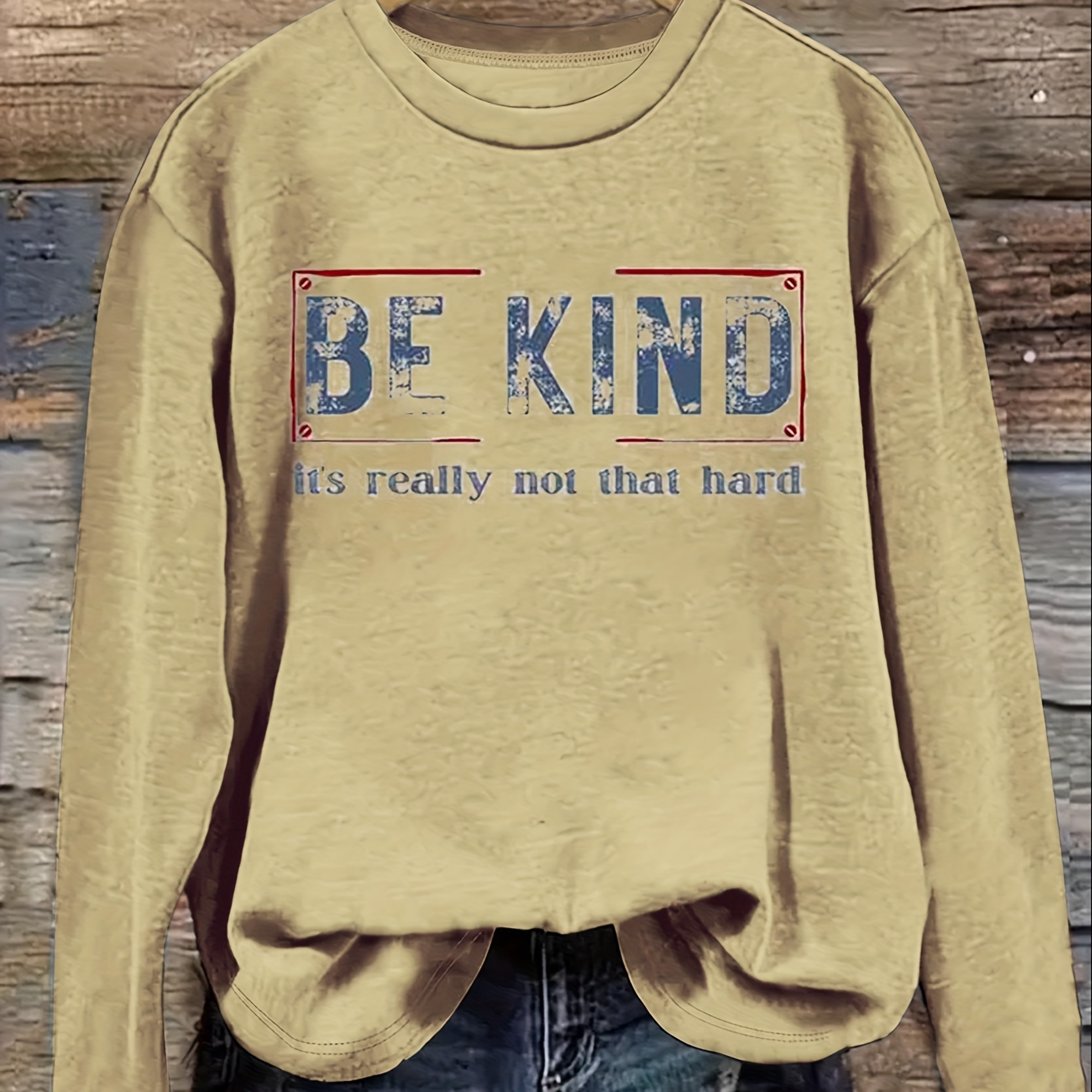 

Be Kind Print T-shirt, Casual Crew Neck Long Sleeve Top For Spring & Fall, Women's Clothing