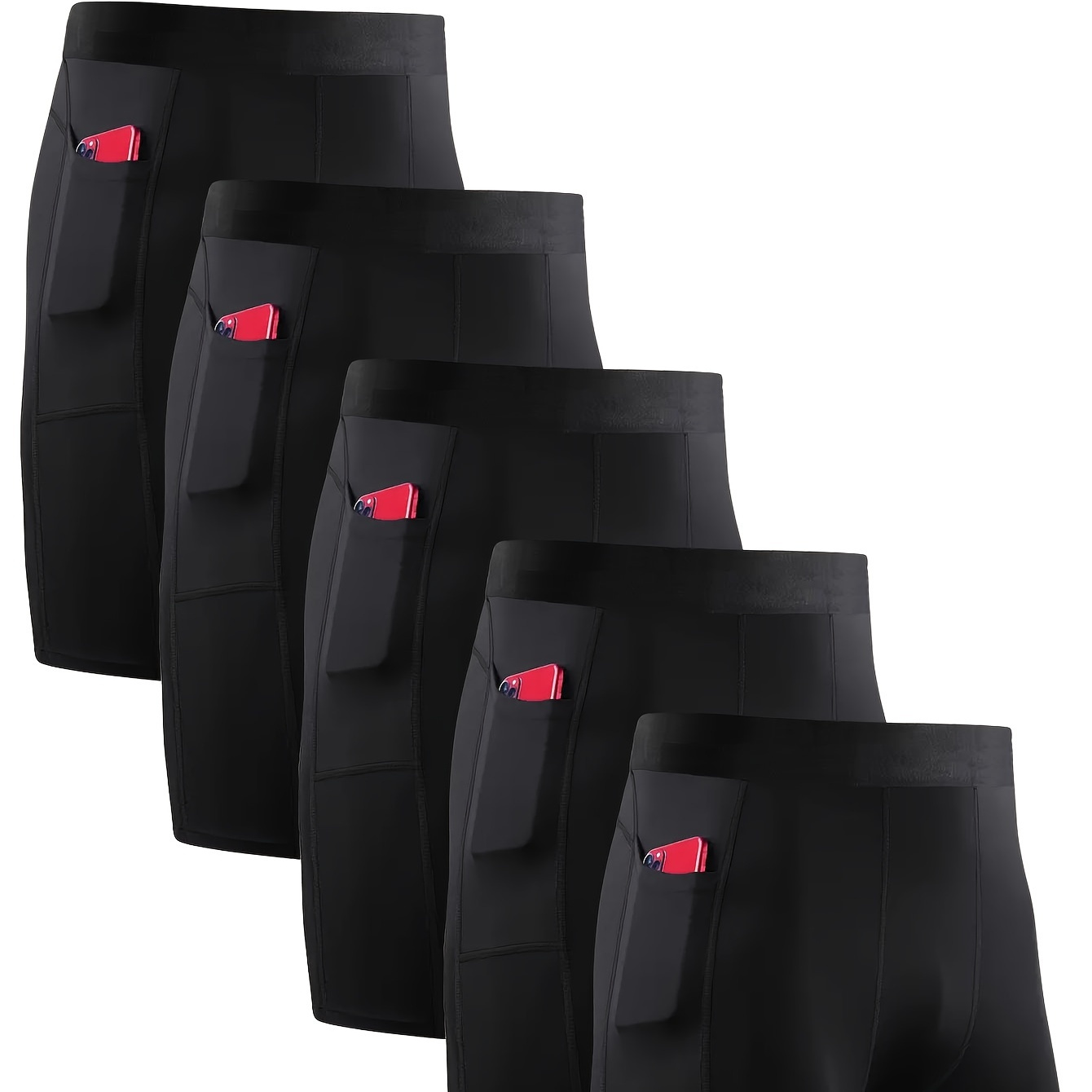 

5pcs Men' Running Quick-drying Underwear With Pockets, Long Leg Performance Men's Tight Shorts