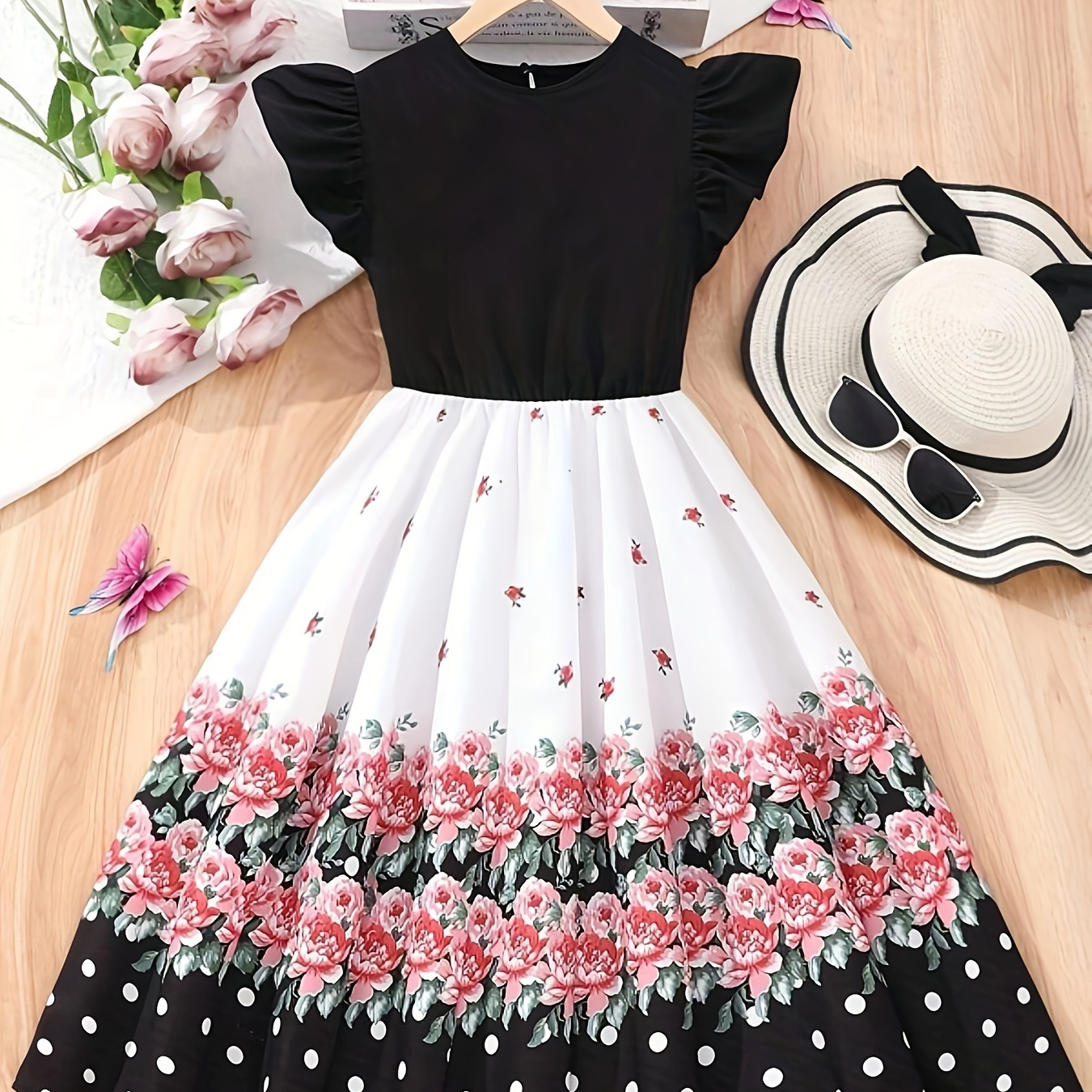 

Flowers & Dots Print Ruffle Sleeve Dress For Girls, Spring/ Party Dresses Gift