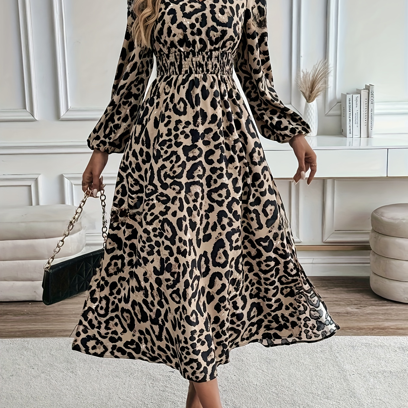 

Elegant Leopard Print V-neck Dress With Lantern Sleeves - Non-stretch Polyester , All