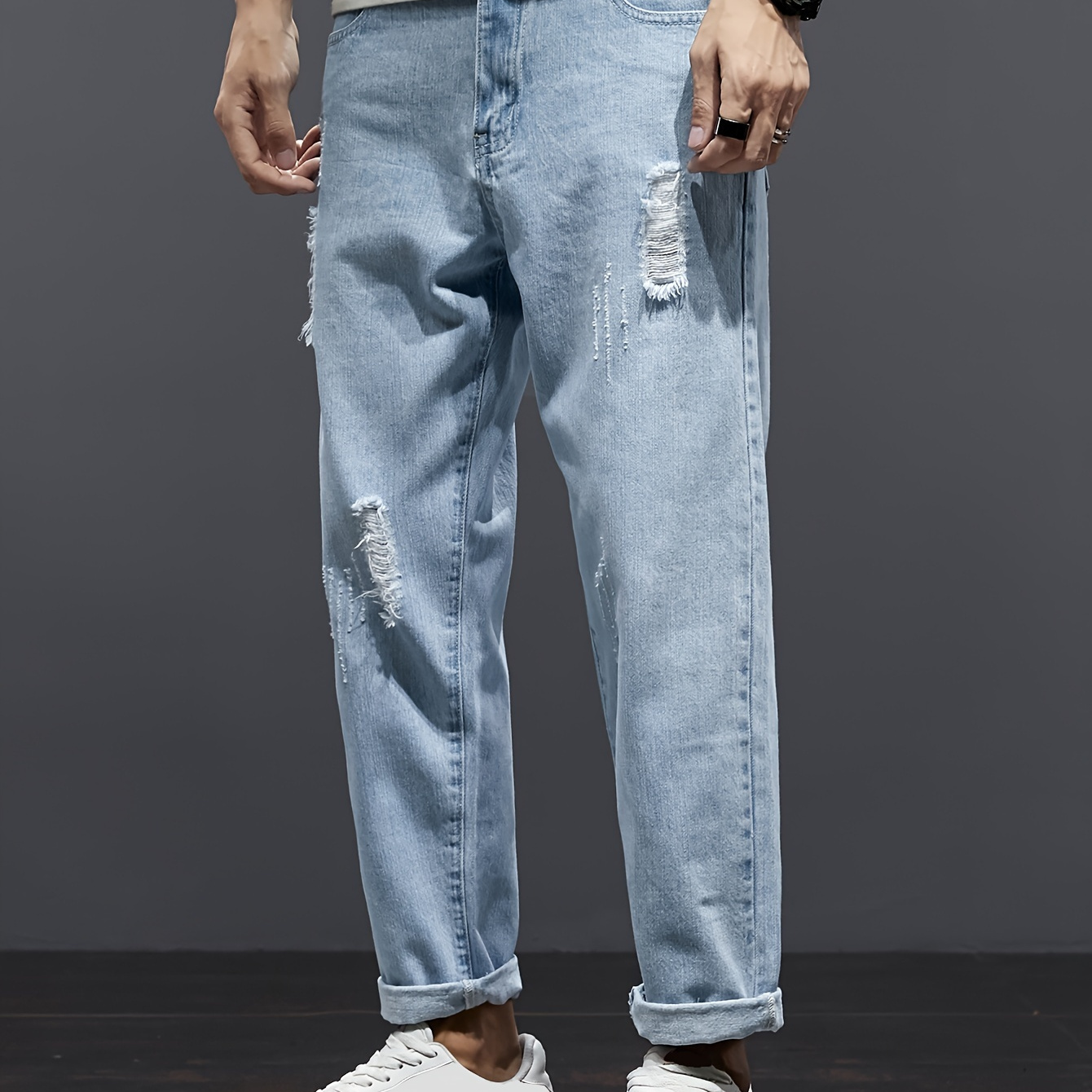 

Men's Ripped Denim Trousers With Pockets, Causal Cotton Blend Jeans For Streetwear Outdoor Activities