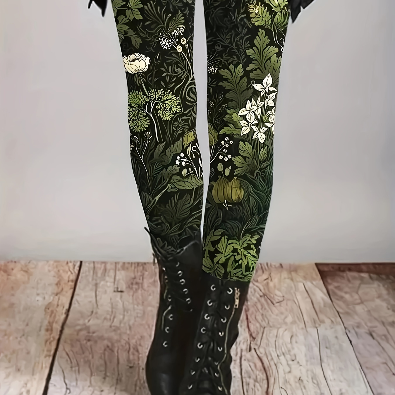 

Elegant Floral Print Tights For Women - Polyester Knit Fabric, All-season Comfort, Adult Fit, No Detail - Tight Pants With Print Design