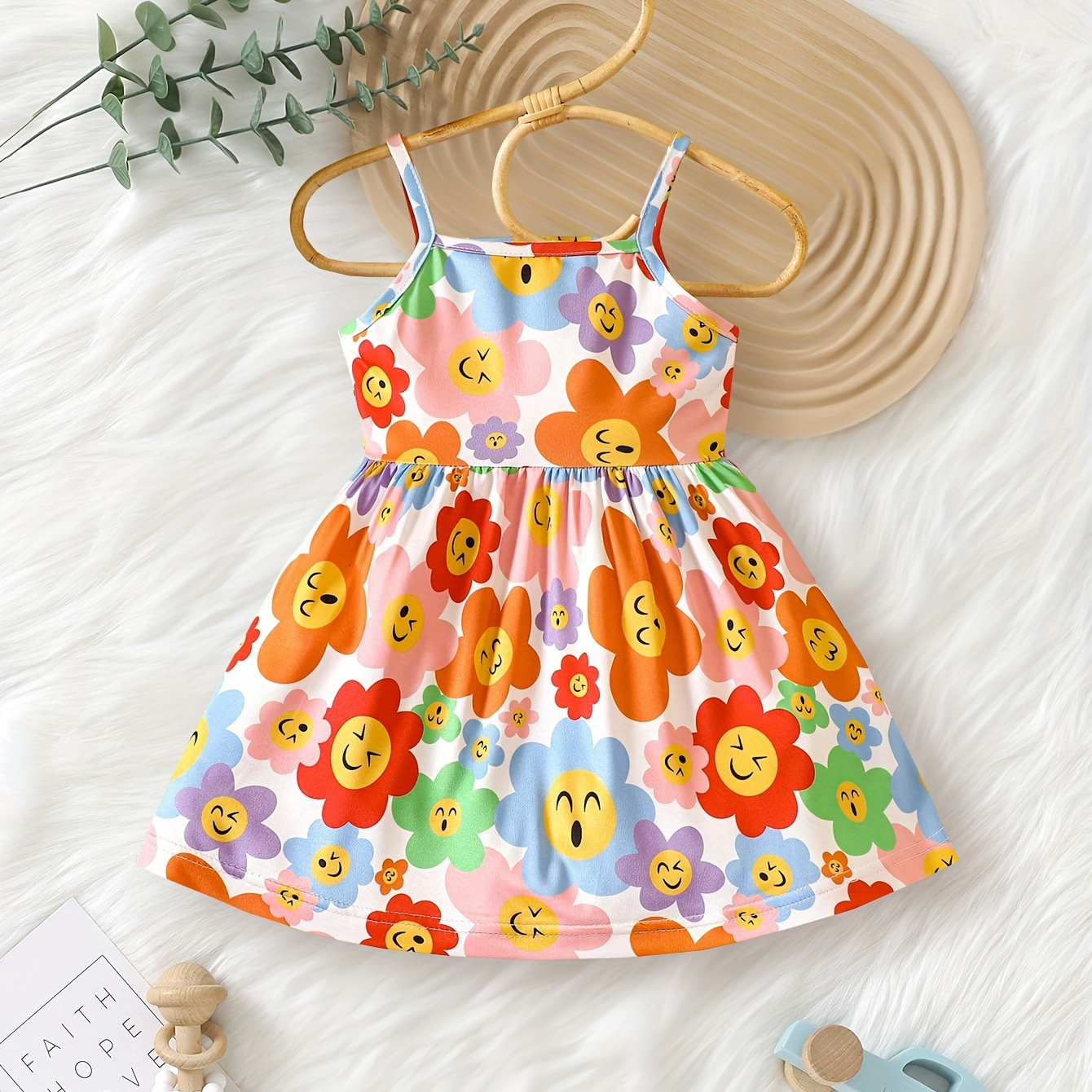 

Robe cami sans manches pour bébé avec un motif de fleurs joyeux et coloré, vêtement décontracté pour fille en bas âge et enfant en bas âge pour l'été/le printemps, comme cadeau