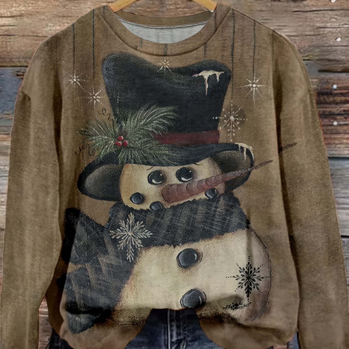 

Christmas Snowman Pattern Sweatshirt - Cozy Polyester , Crew Neck, Long Sleeve Casual Pullover With & Pipe Design, Fall/winter, Winter Accessories, Best For Christmas