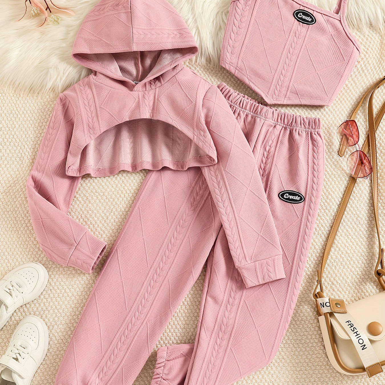 

Sporty-style Outfit Long Sleeve -up Hoodie + Irregular Cami Top + Trousers Girls 3-piece Set For Fall And Spring