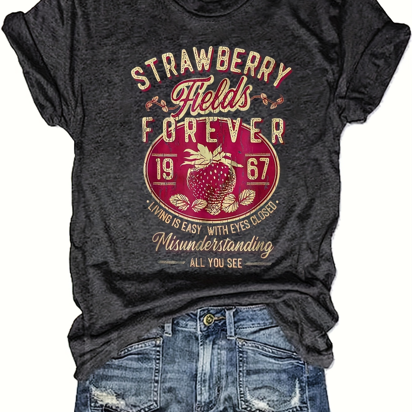 

Plus Size Strawberry & Letter Print T-shirt, Casual Crew Neck Short Sleeve T-shirt, Women's Plus Size clothing