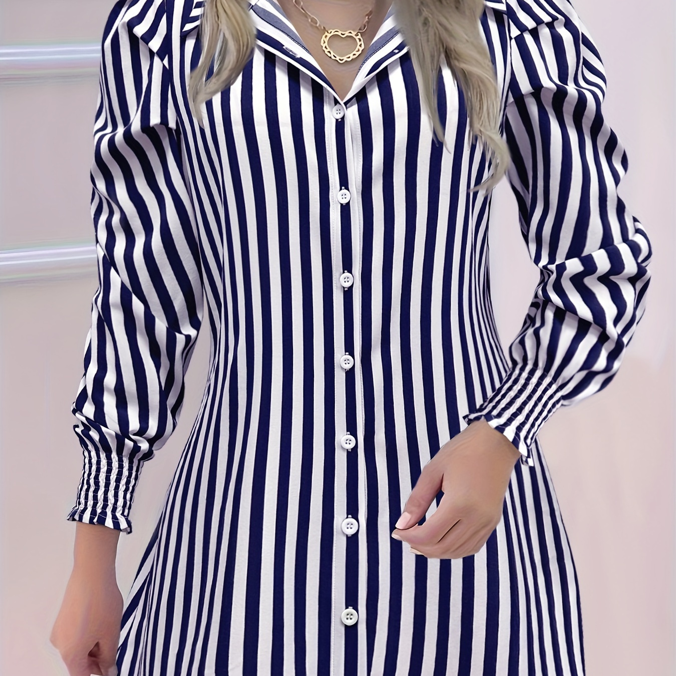 

Striped Button Front Dress, Elegant Ruched Long Sleeve Lapel Collar Shirt, Women's Clothing For Elegant Dressing