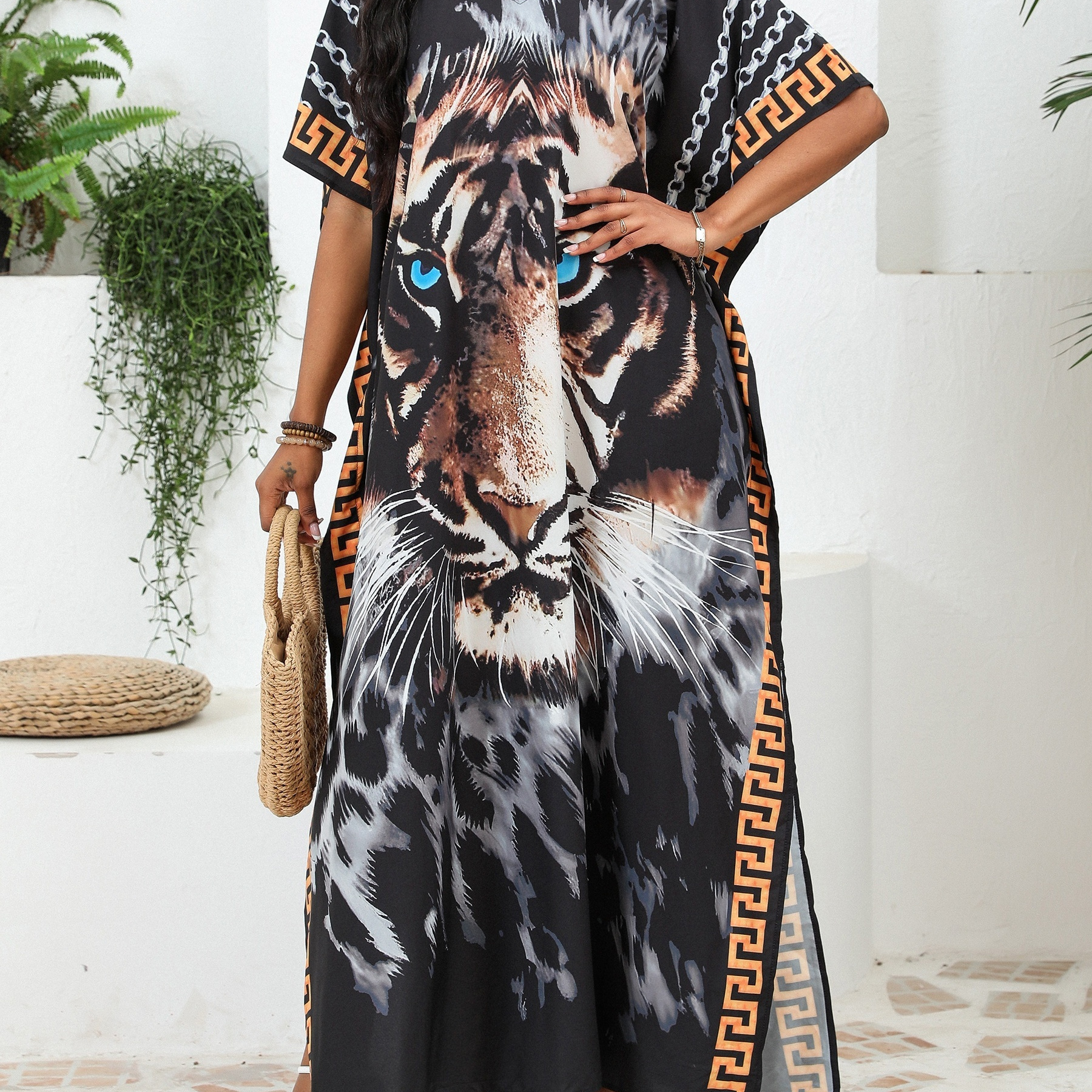 

Women's Boho Style Cover Up, Plus Size Tiger Print V Neck Pullover Loose Fit Vacay Beach Kaftan Dress For Fall & Winter