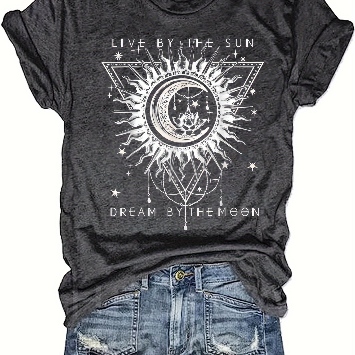 

Sun & Moon & Lotus Print T-shirt, Casual Short Sleeve Crew Neck Top For Spring & Summer, Women's Clothing