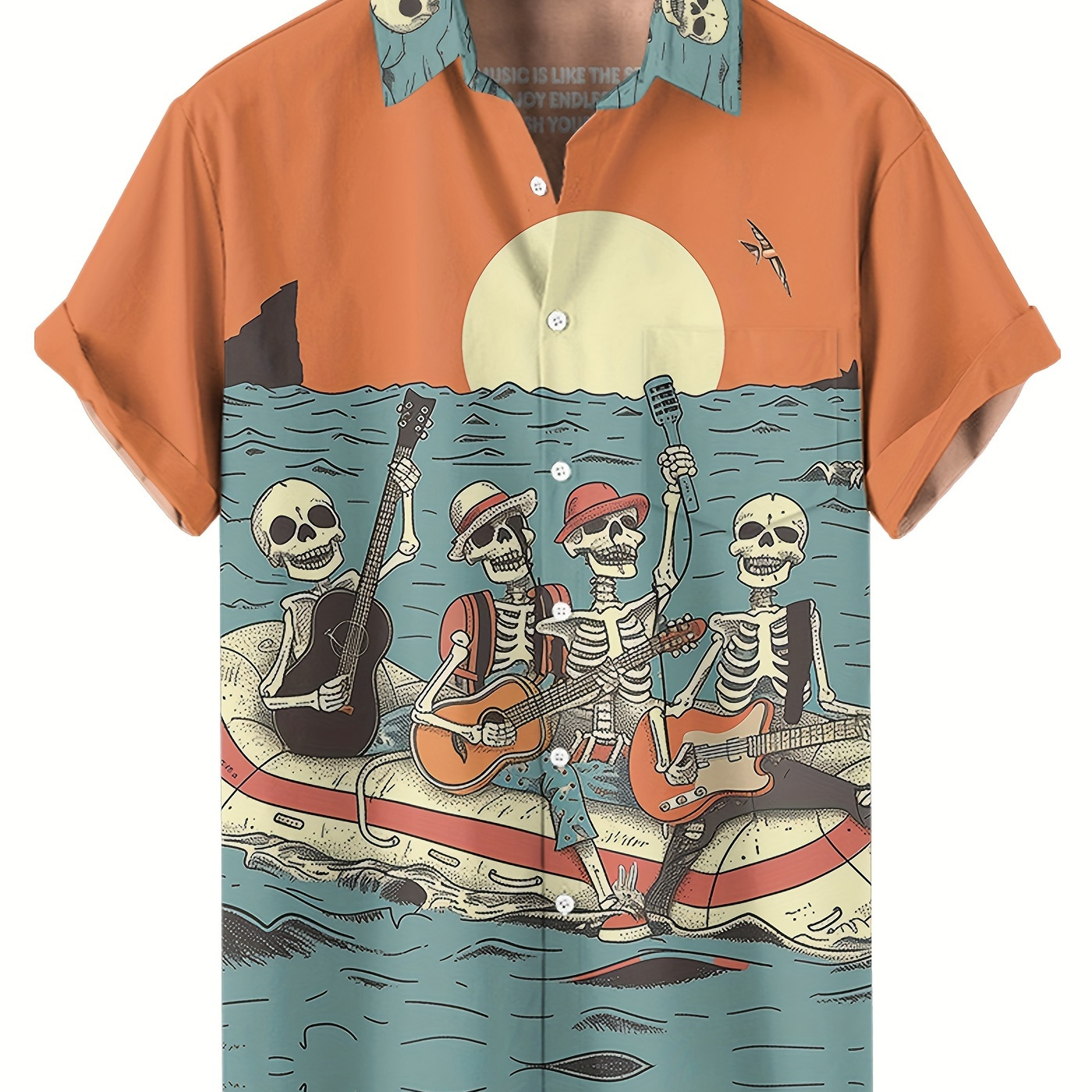 

Free Soul Music Band Funny Skull Pattern Casual Shirt Young Man Short Sleeve Button Loose Breathable Shirt