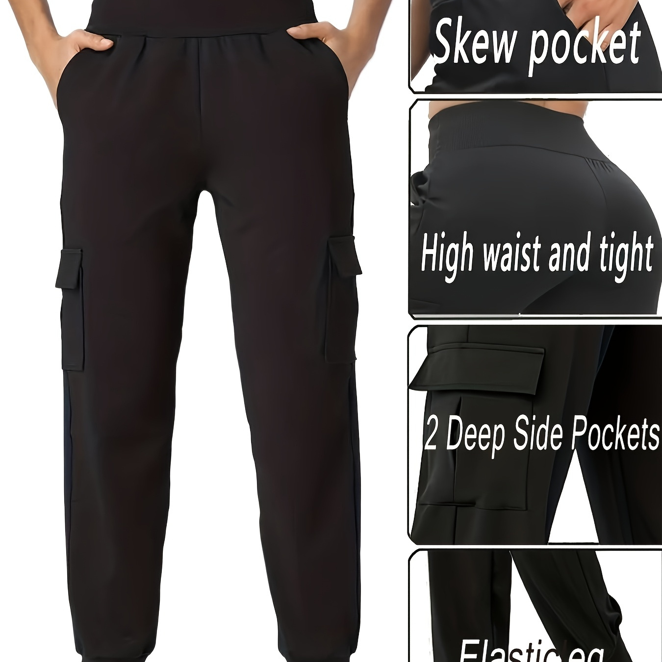 

Women's High-waisted Black Cargo Pants With Pockets - Stretchy & Comfortable, Yoga, Running & Fitness, Polyester , Machine Washable, Active Wear Pants||stretchy Fabric