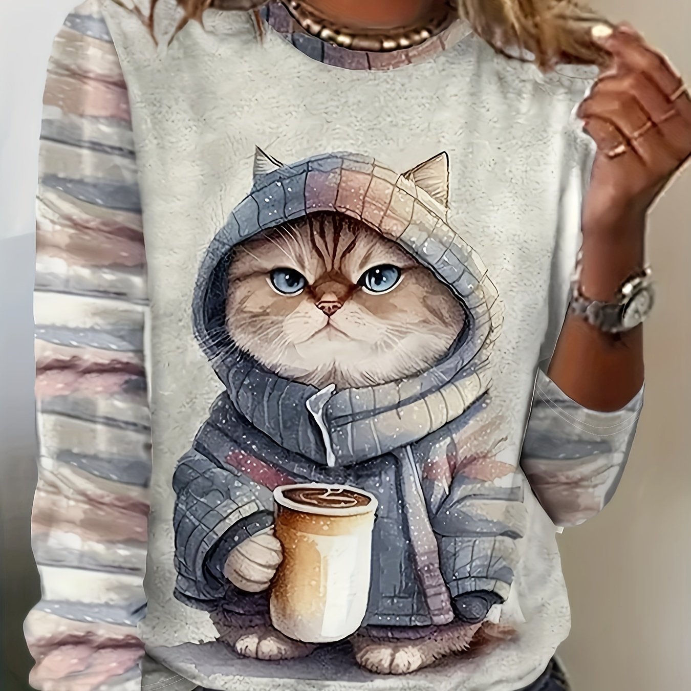 

Cat Print Crew Neck T-shirt, Casual Long Sleeve Top For Spring & Fall, Women's Clothing