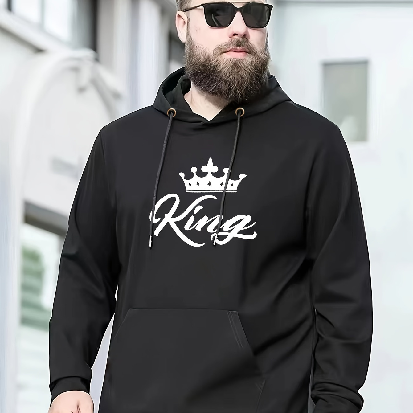 

Plus Size Men's Loose King Graphic Print Hoodie With Kangaroo Pocket, Casual Breathable Long Sleeve Hooded Sweatshirt For Spring Fall, Men's Clothing