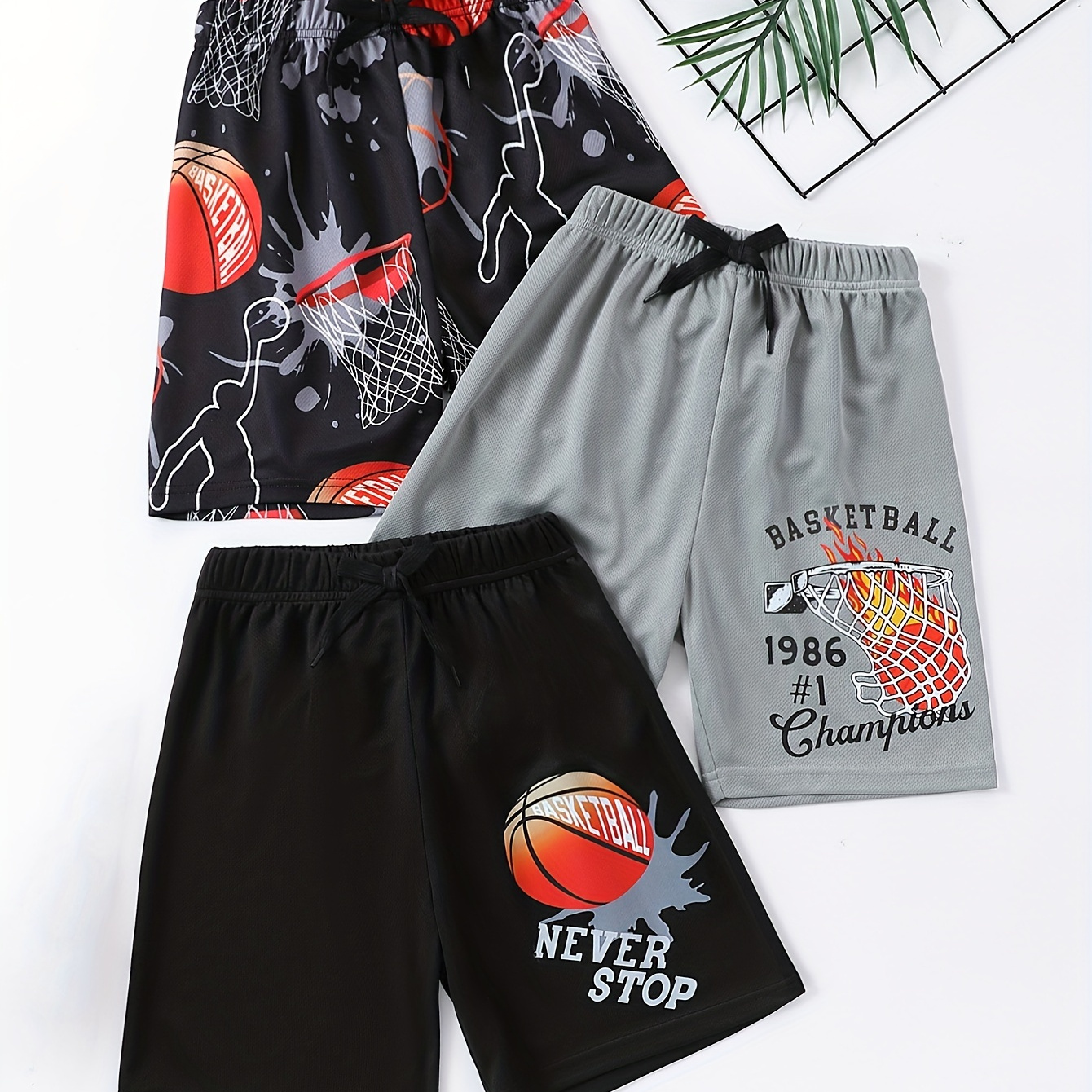 

3pcs Boys Casual Comfortable Trendy Basketball Pattern Shorts, Elastic Waist Breathable Shorts For Summer Outdoor