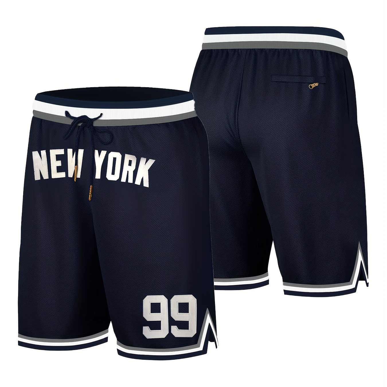 

New York 99 Embroidery Men's Casual Active Loose Shorts, Striped Drawstring Shorts For Summer Basketball Training And Competition
