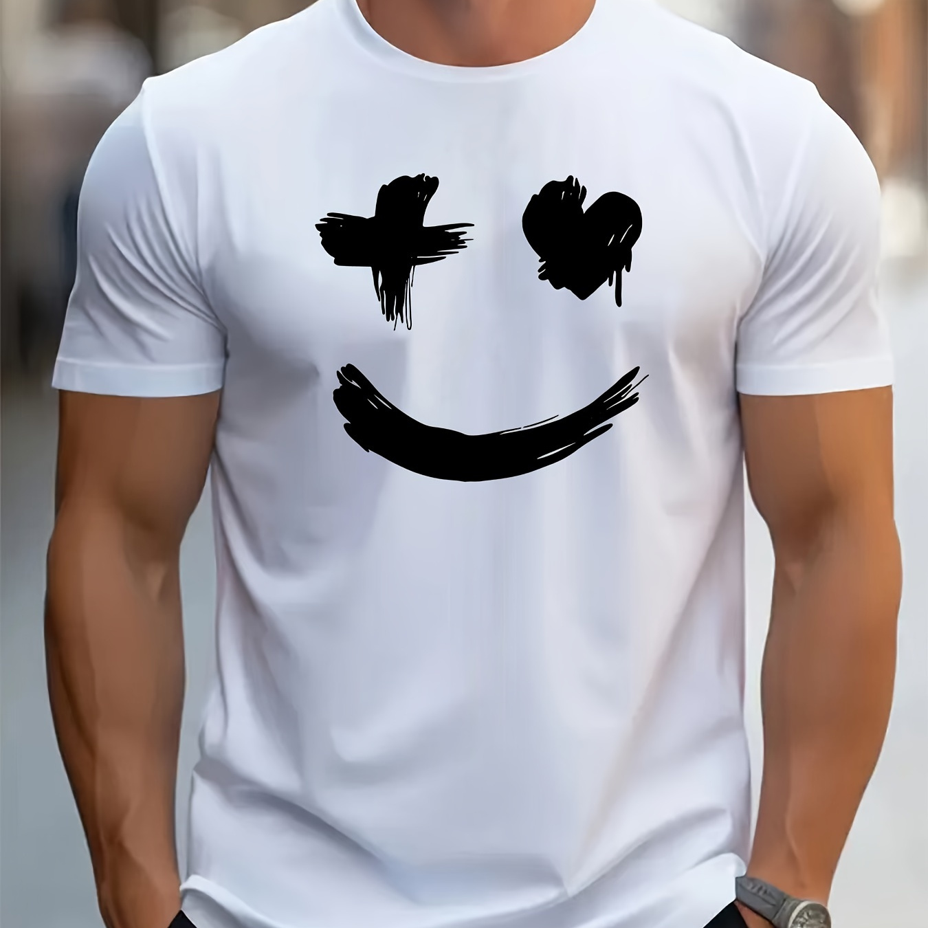 

Men's Casual Trendy Smile Graphic Print Comfortable Crew Neck Short Sleeve T-shirts, Summer Top Tees