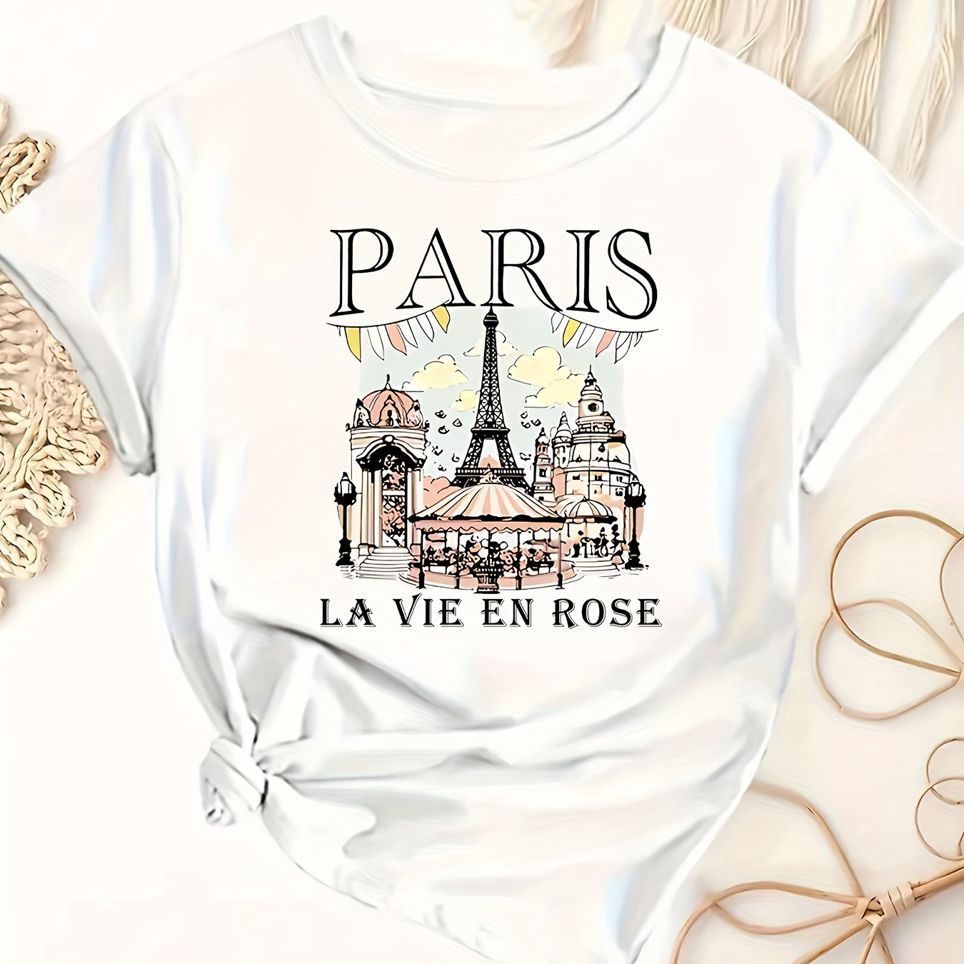

Paris Eiffel Tower Print T-shirt, Casual Short Sleeve Crew Neck Top For Spring & Summer, Women's Clothing
