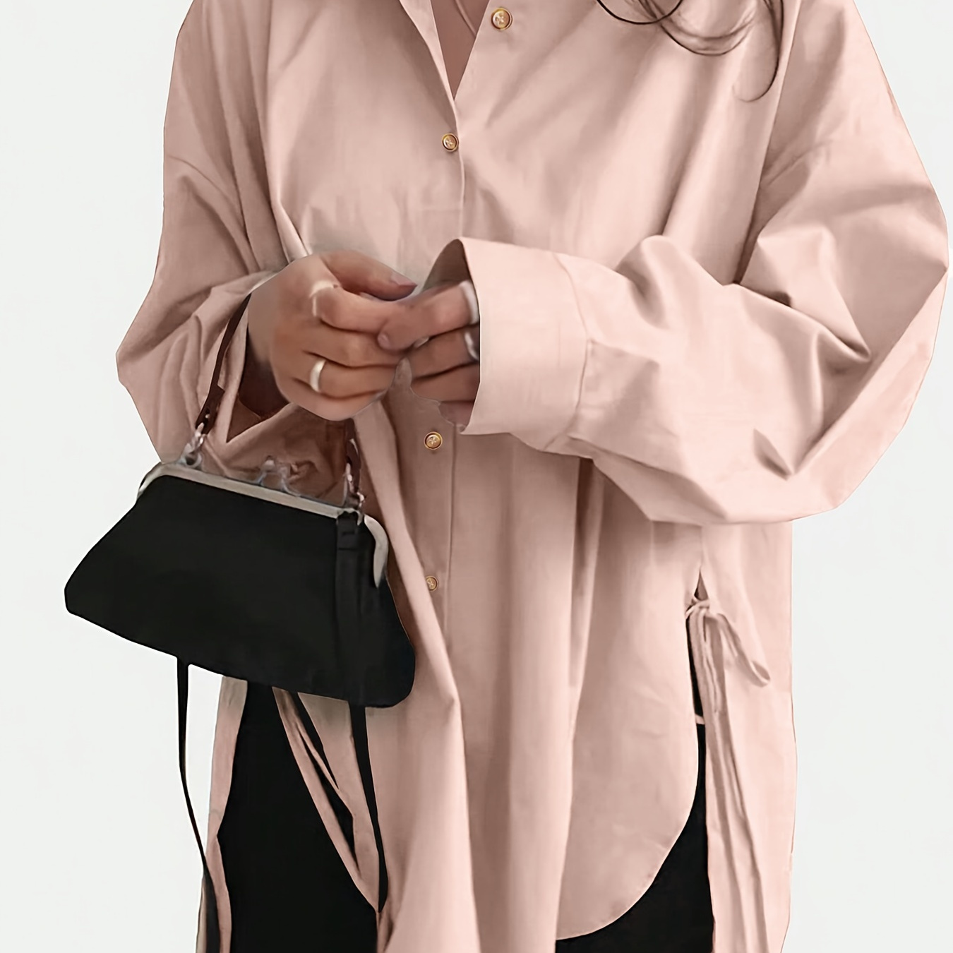 

Solid Color Single Breasted Split Shirt, Long Sleeve Simple Midi Shirt For Spring & Fall, Women's Clothing