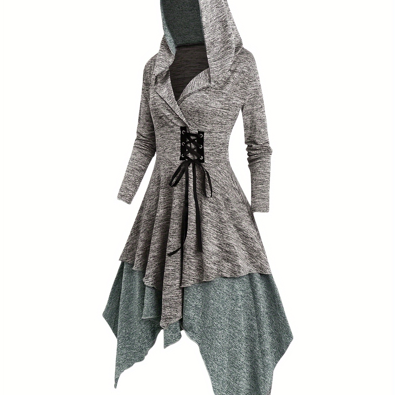 

Elegant Hooded Long Sleeve Asymmetrical Dress With Lace-up Detail And Handkerchief Hem, 100% Polyester Knit Fabric Dress For Adult - Fall/winter Season