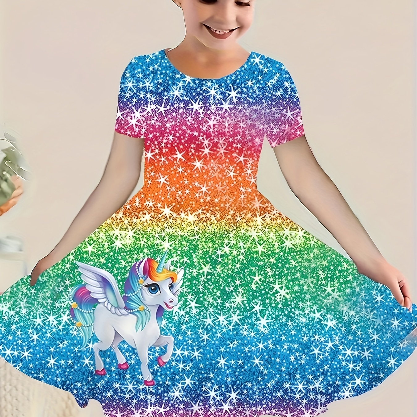 

Girls Dreamy 3d Sequin Print Unicorn Graphic Crew Neck Short Sleeve Dress For Summer