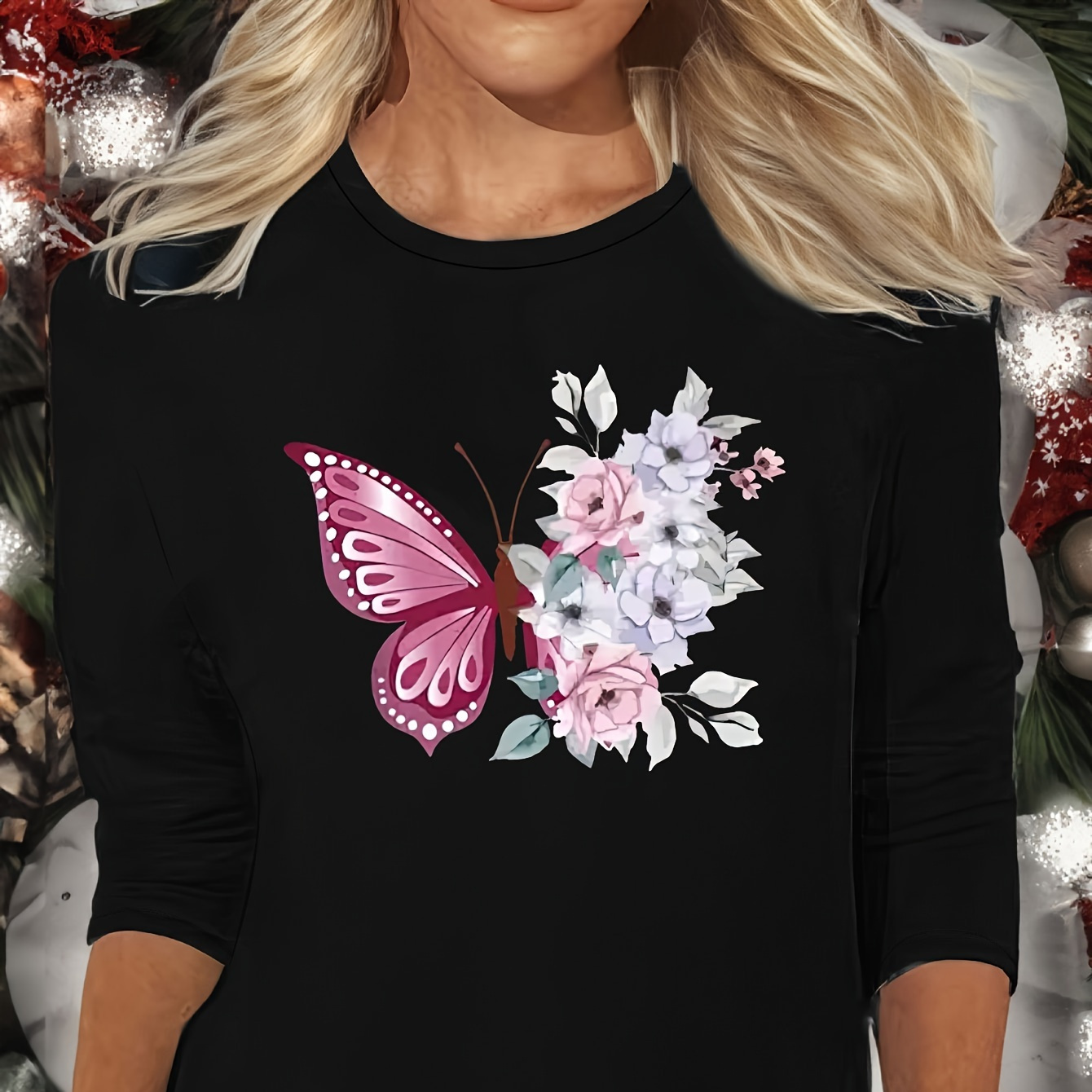 

Butterfly Print Lounge Tops, Long Sleeve Crew Neck Top, Women's Loungewear & Sleepwear