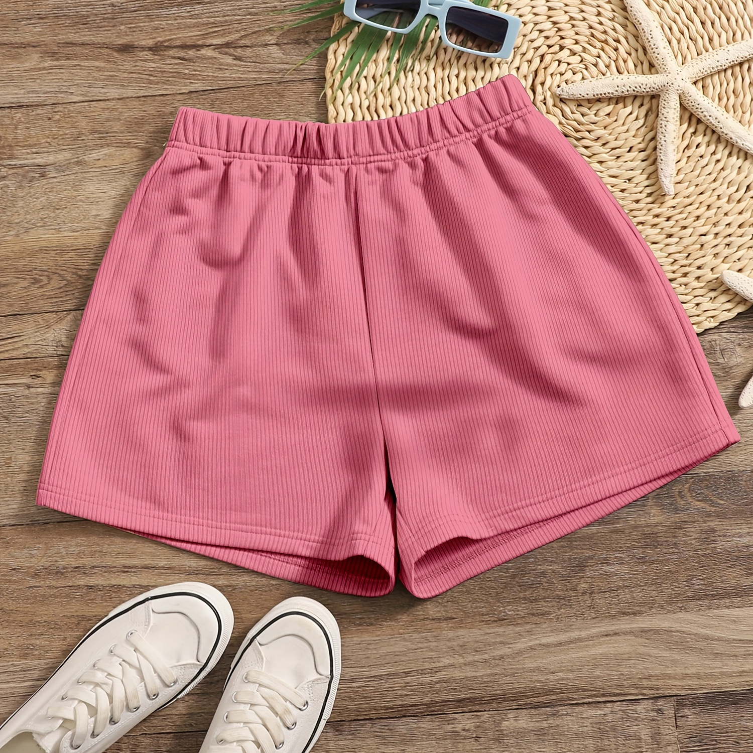 

Solid Color Shorts, Elastic Waist Casual Shorts For Summer & Spring, Women's Clothing