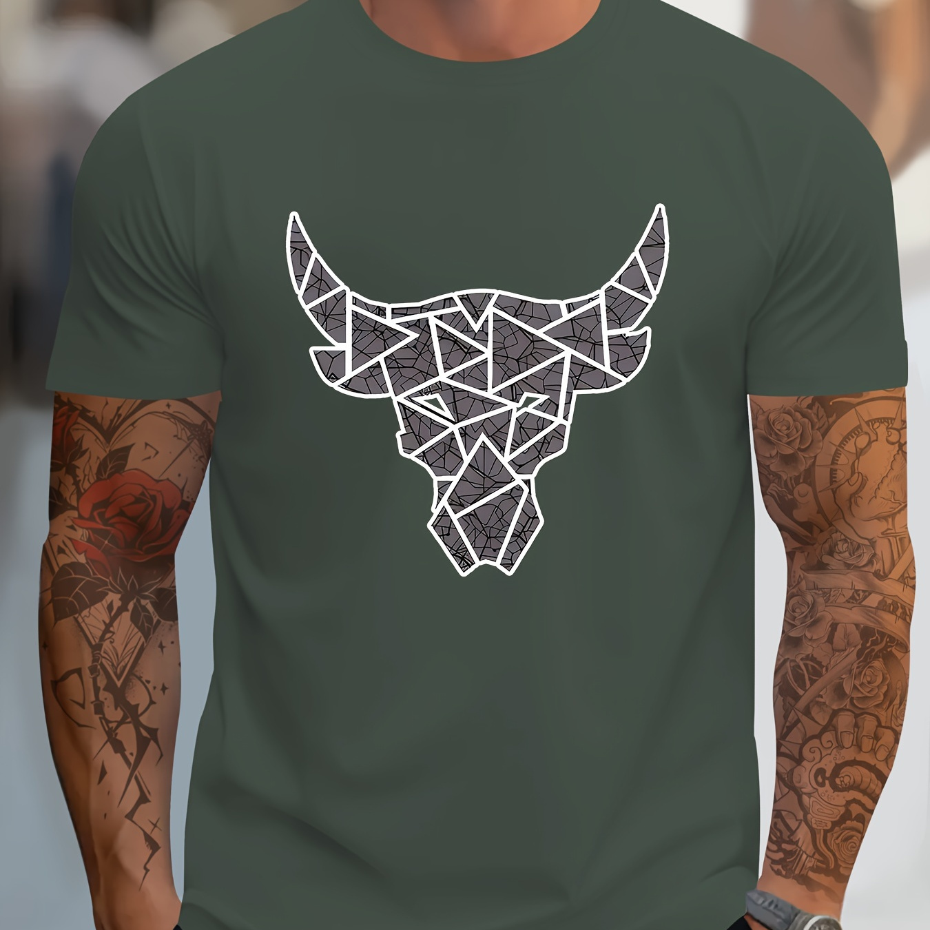 

Bull Head Print T Shirt, Tees For Men, Casual Short Sleeve T-shirt For Summer