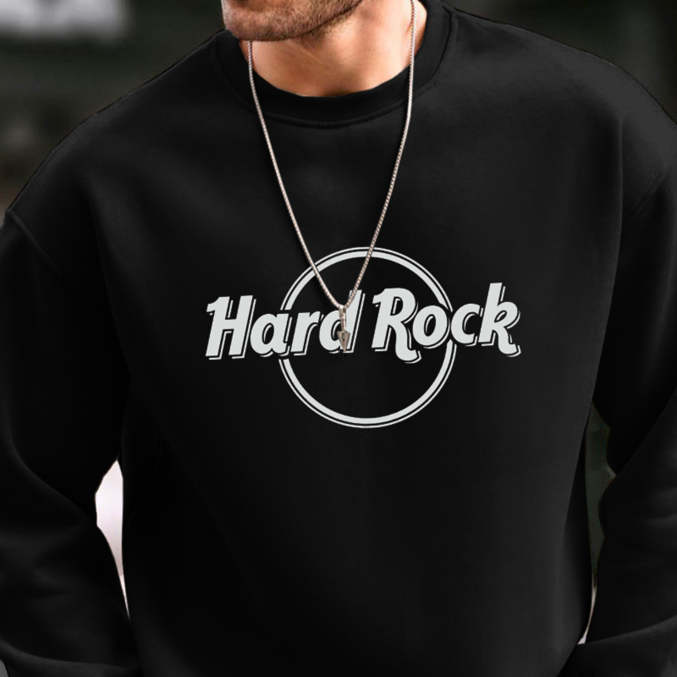 

Hard Rock Print Fashionable Men's Casual Long Sleeve Crew Neck Pullover Sweatshirt, Suitable For Outdoor Sports, For Autumn Spring, Can Be Paired With Necklace, As Gifts