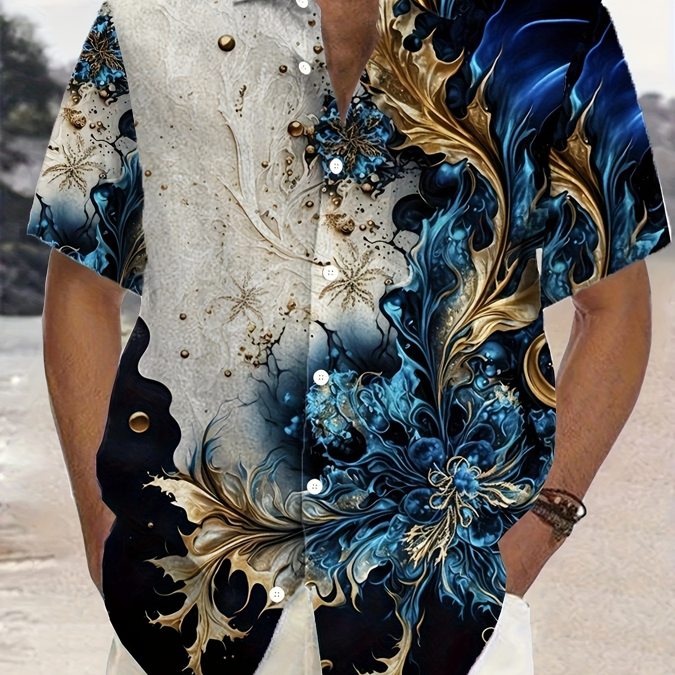 

Vintage Floral Art Digital Print Men's Short Sleeve Button Down Shirt, Summer Resort Vacation