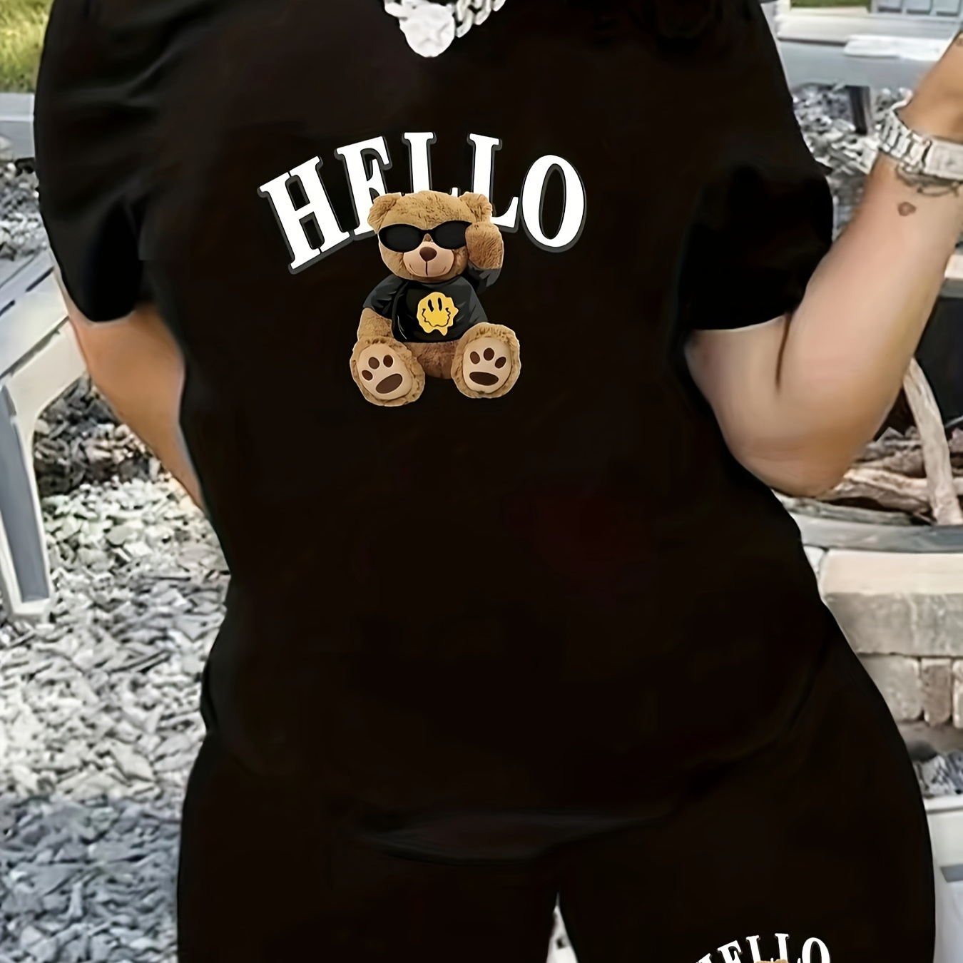 

Plus Size Bear & Letter Print Two-piece Set, Crew Neck Short Sleeve Top & Slim Shorts Outfits, Women's Plus Size Clothing