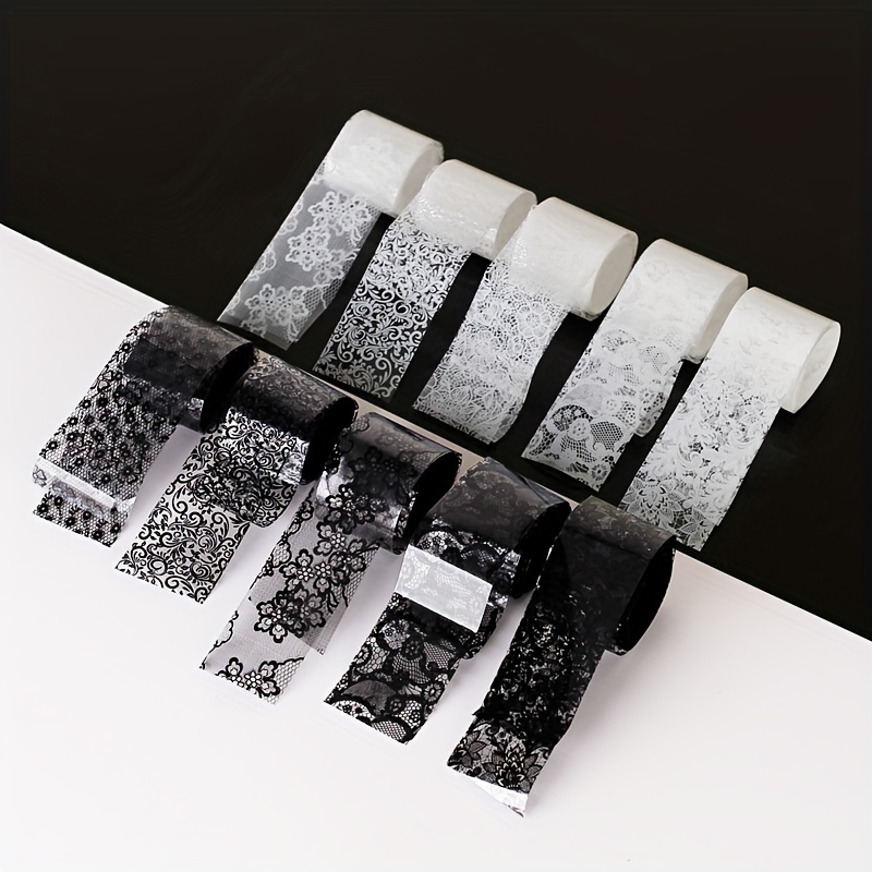 

10 Rolls Nail Foils Stickers Black White Lace Flowers Transfer Sliders Decals Nail Art Decoration Set
