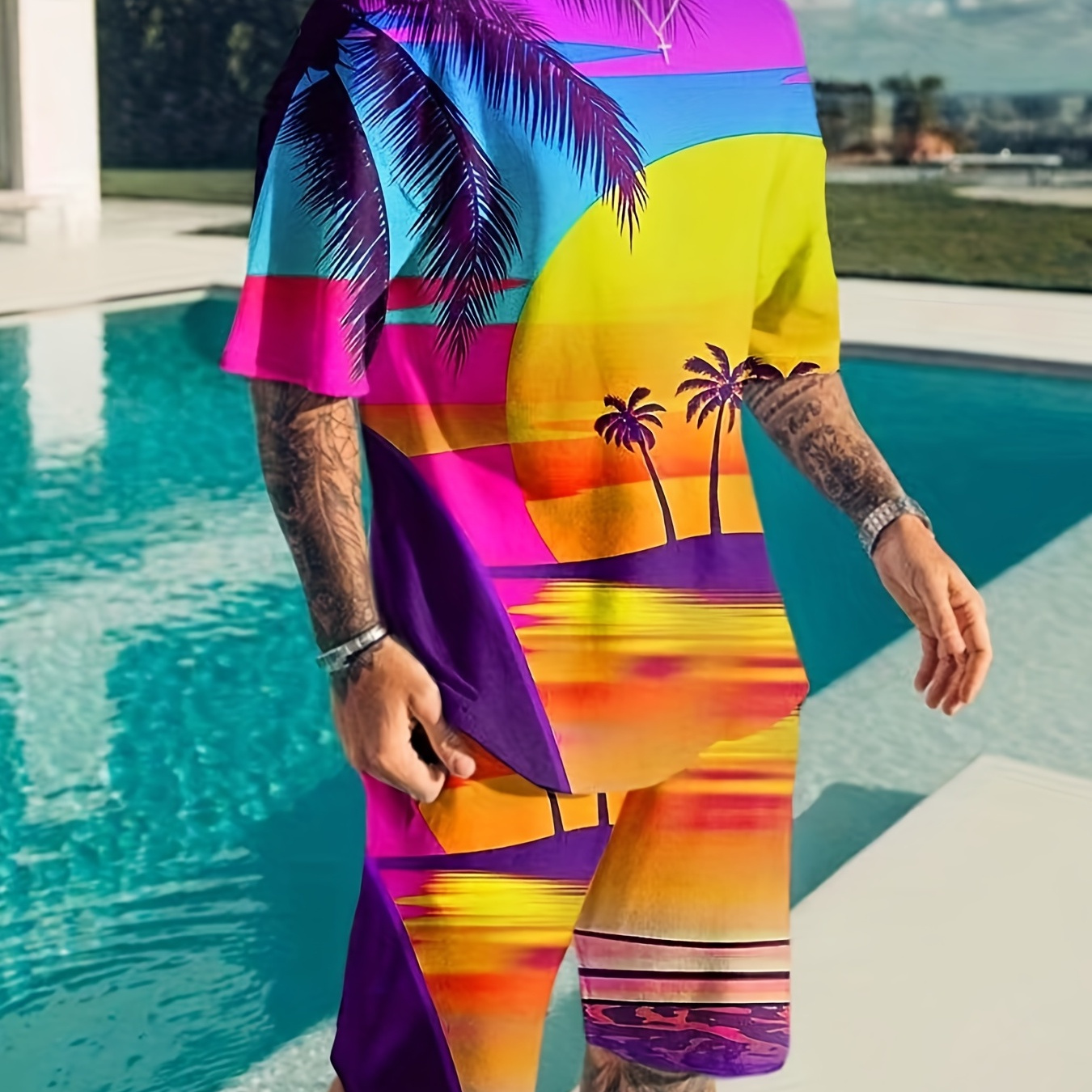 

Men's Fashion Beach Sunset Graphic Loungewear Set, Short Sleeve Crew Neck Hawaii Graphic T Shirt Top & Drawstring Waist Shorts Pajamas Set 2pcs Men's Casual Sports Outfits Tracksuit For Summer